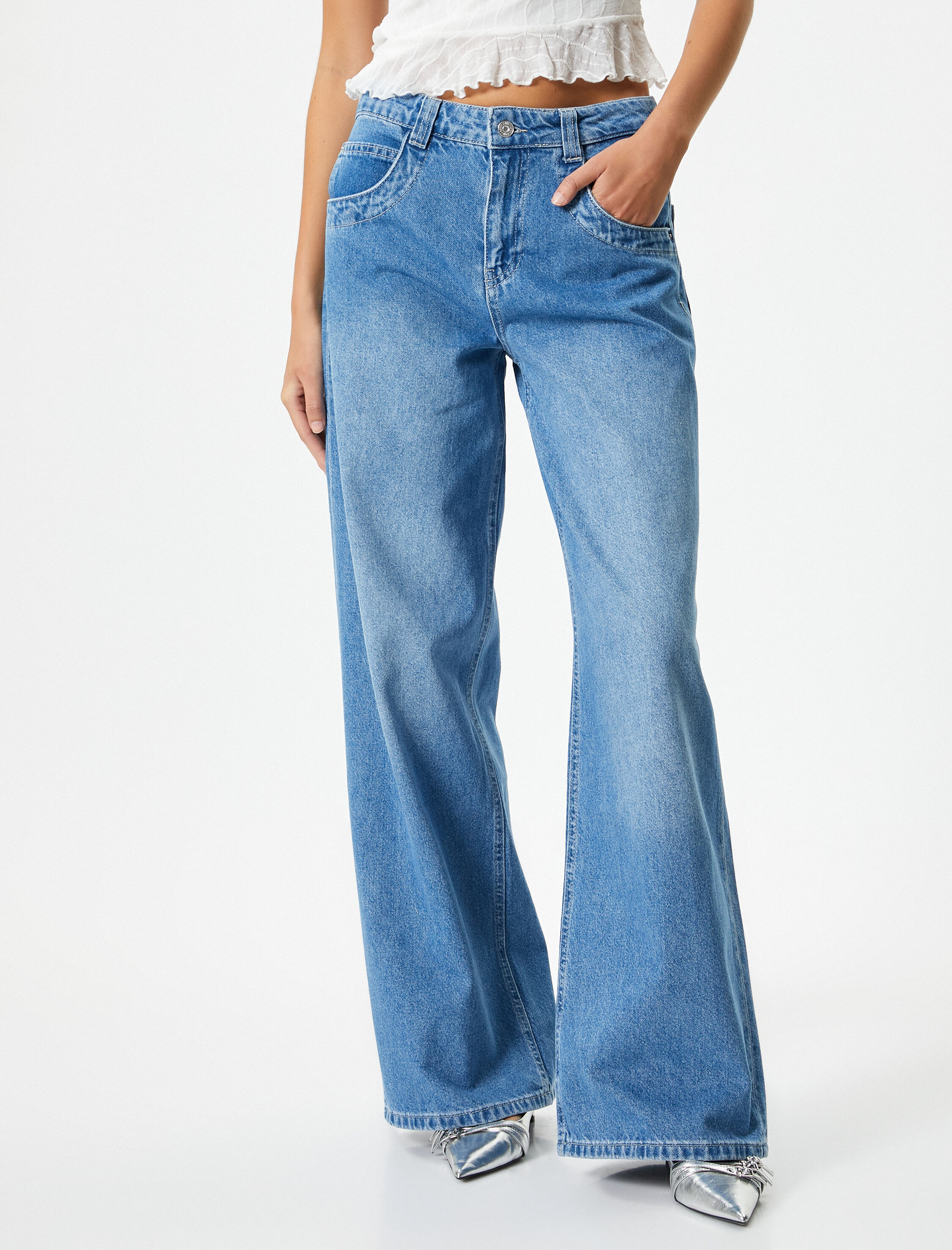   Geniş Düz Paça Kot Pantolon Standart Bel Cepli Pamuklu - Bianca Jeans