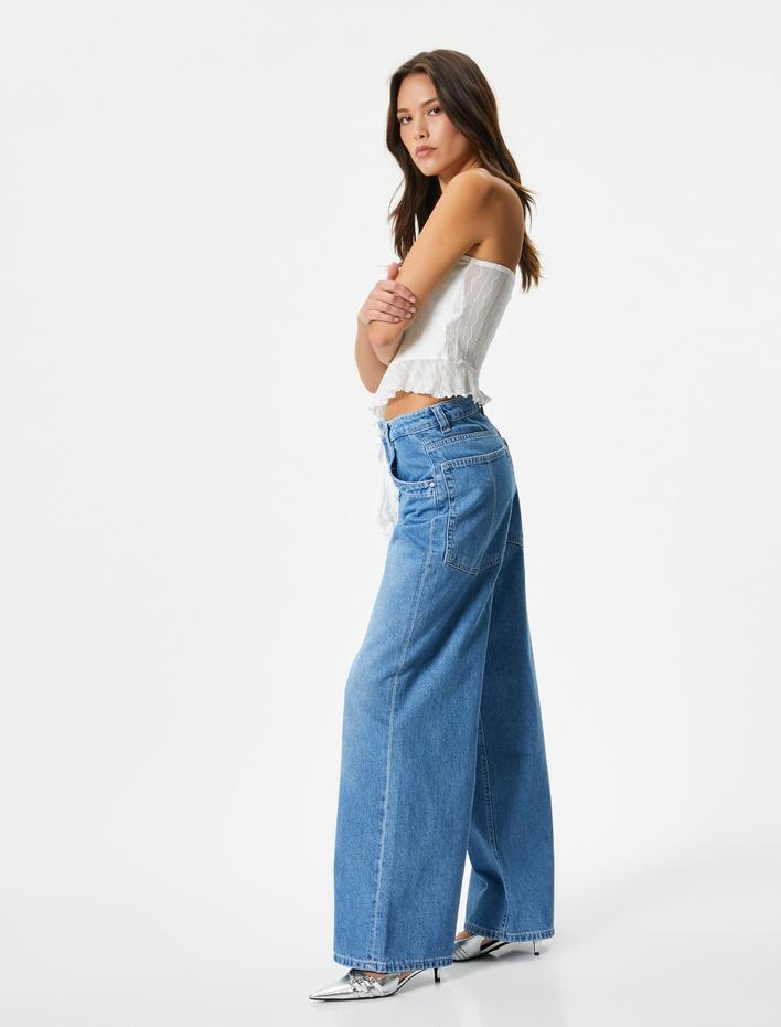  Geniş Düz Paça Kot Pantolon Standart Bel Cepli Pamuklu - Bianca Jeans