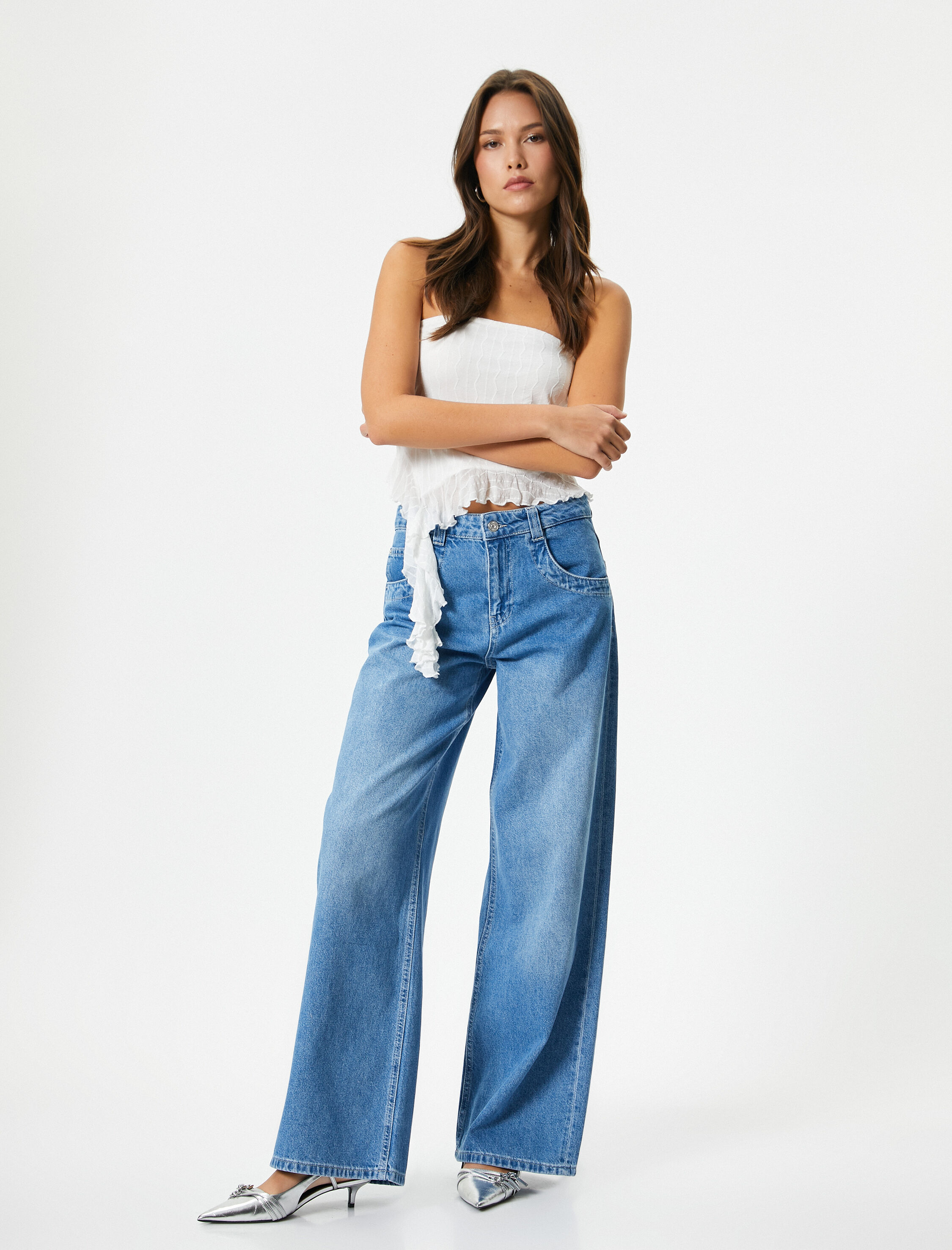   Geniş Düz Paça Kot Pantolon Standart Bel Cepli Pamuklu - Bianca Jeans