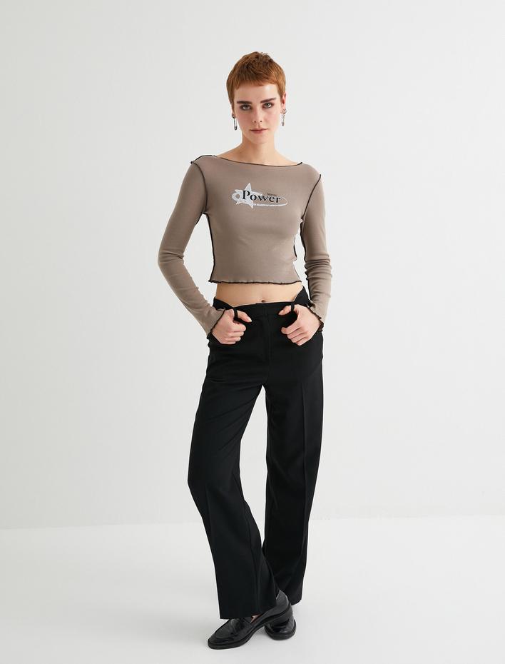  Uzun Kollu Tişört Crop Baskılı Dikiş Detaylı Pamuklu Slim Fit