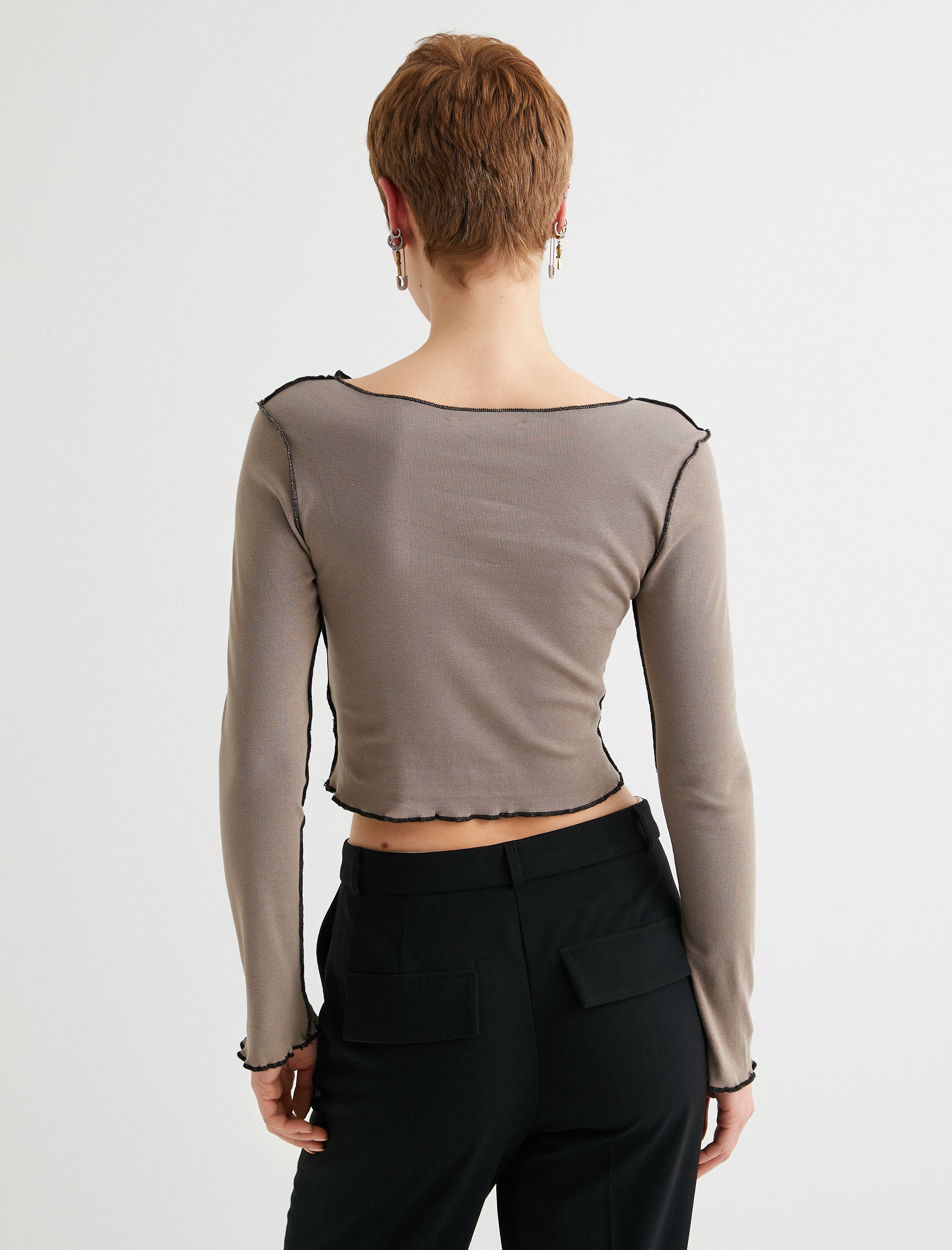   Uzun Kollu Tişört Crop Baskılı Dikiş Detaylı Pamuklu Slim Fit