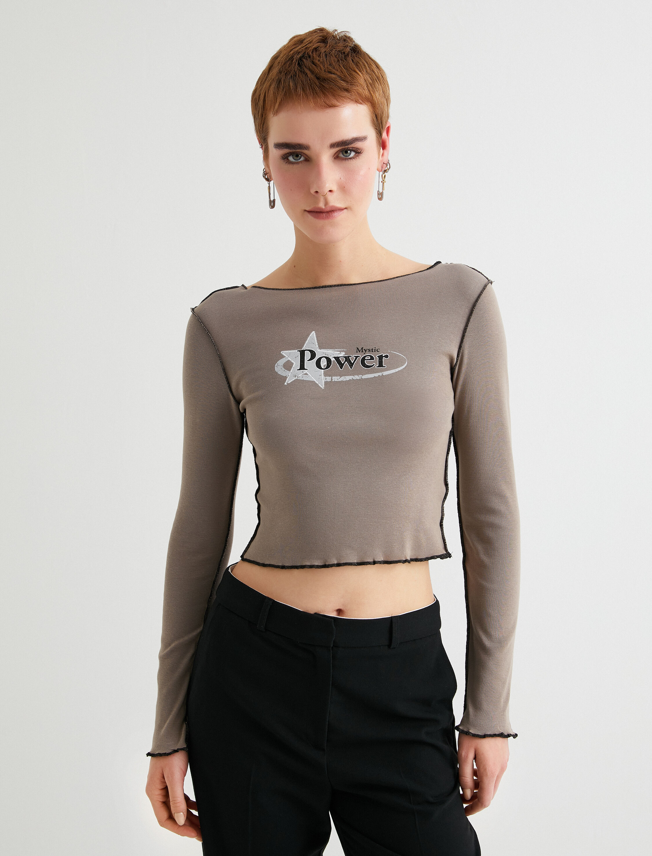   Uzun Kollu Tişört Crop Baskılı Dikiş Detaylı Pamuklu Slim Fit