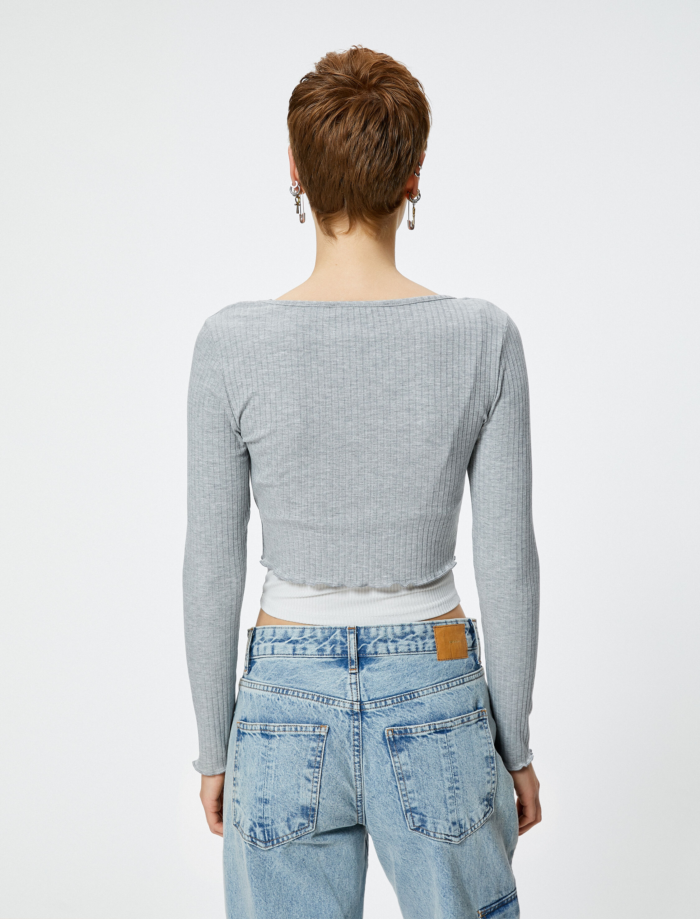   Uzun Kollu Crop Tişört Düğmeli Katlı Renk Kontrastlı Ribanalı U Yaka