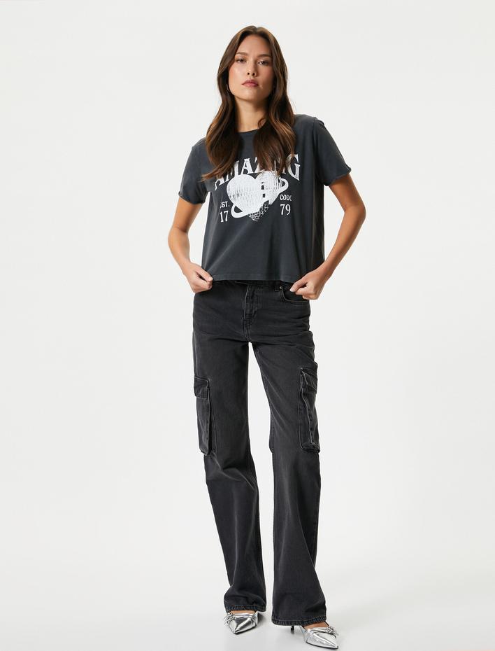  Baskılı Tişört Bisiklet Yaka Kısa Kollu Pamuklu Soluk Efektli