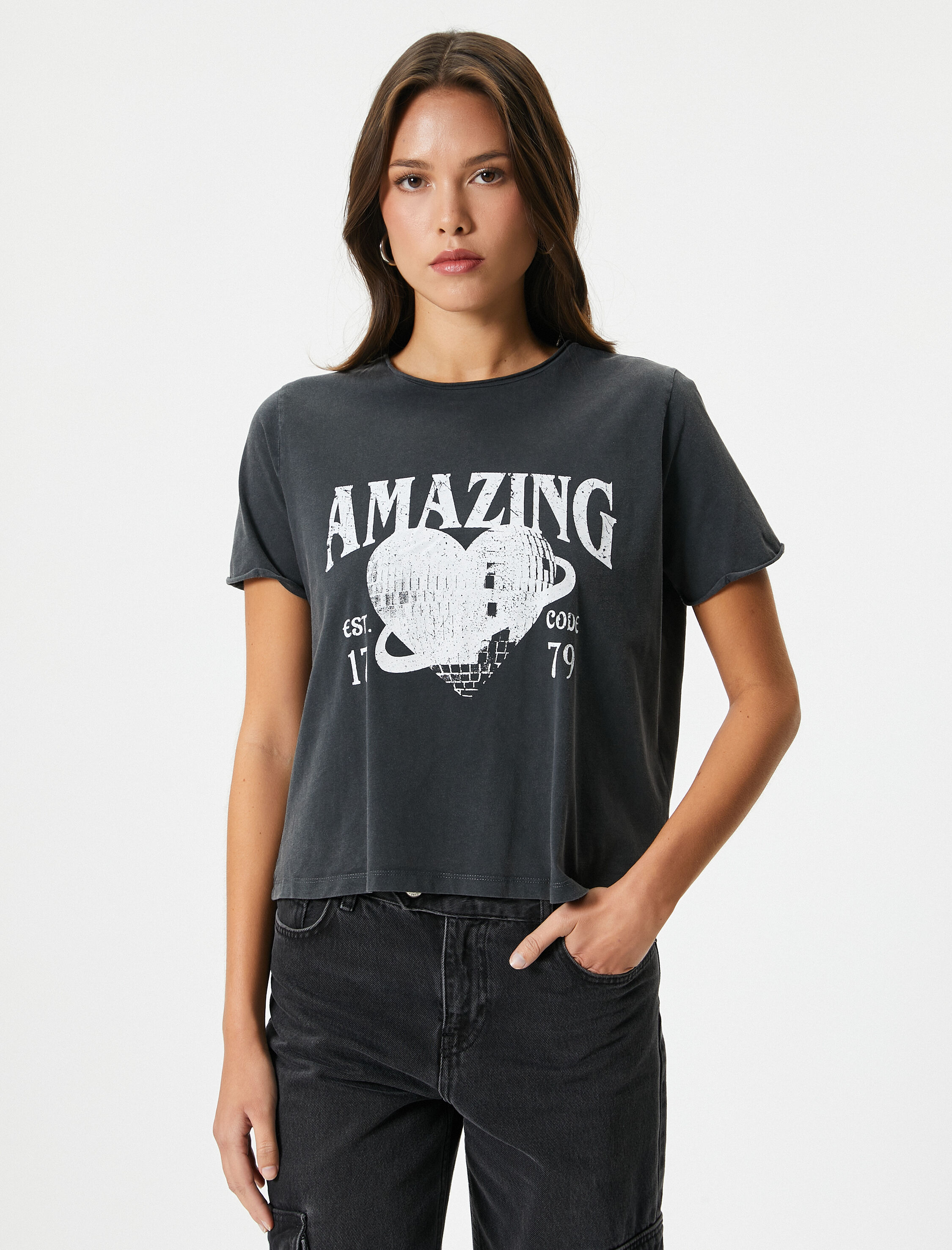   Baskılı Tişört Bisiklet Yaka Kısa Kollu Pamuklu Soluk Efektli