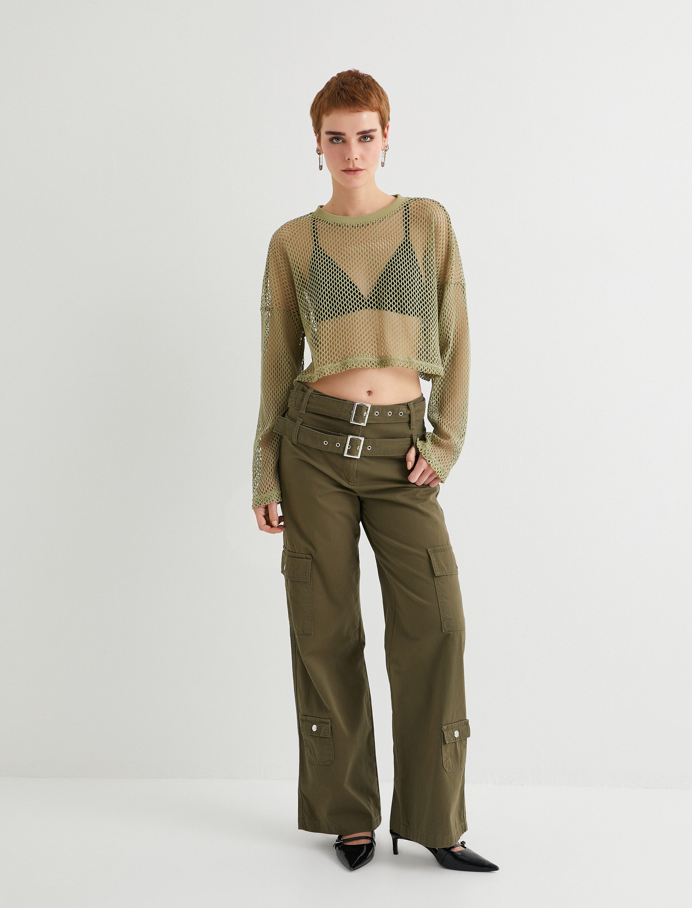   Crop File Tişört Uzun Kollu Bisiklet Yaka