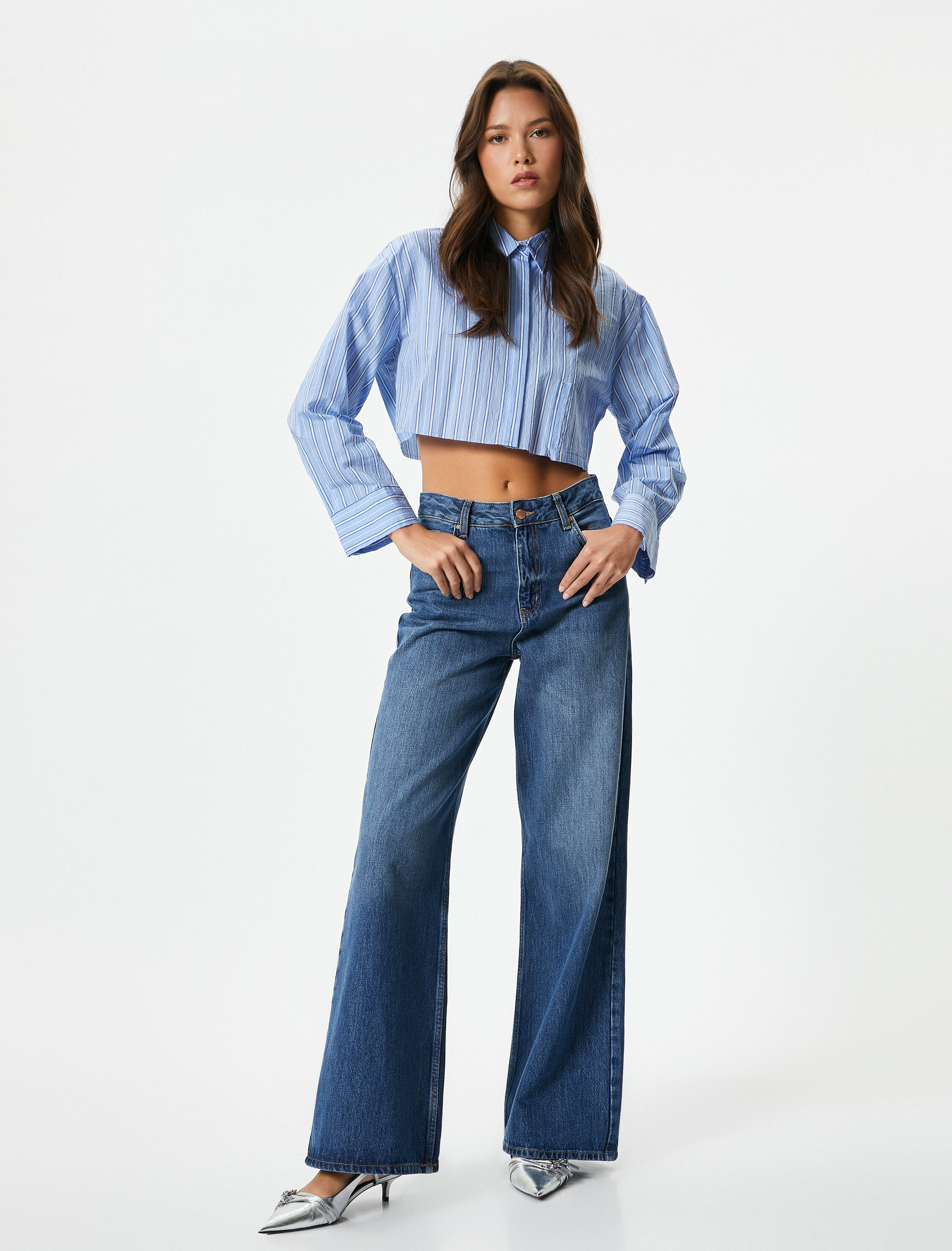 Crop Poplin Gömlek Uzun Kollu Düğmeli Klasik Yaka