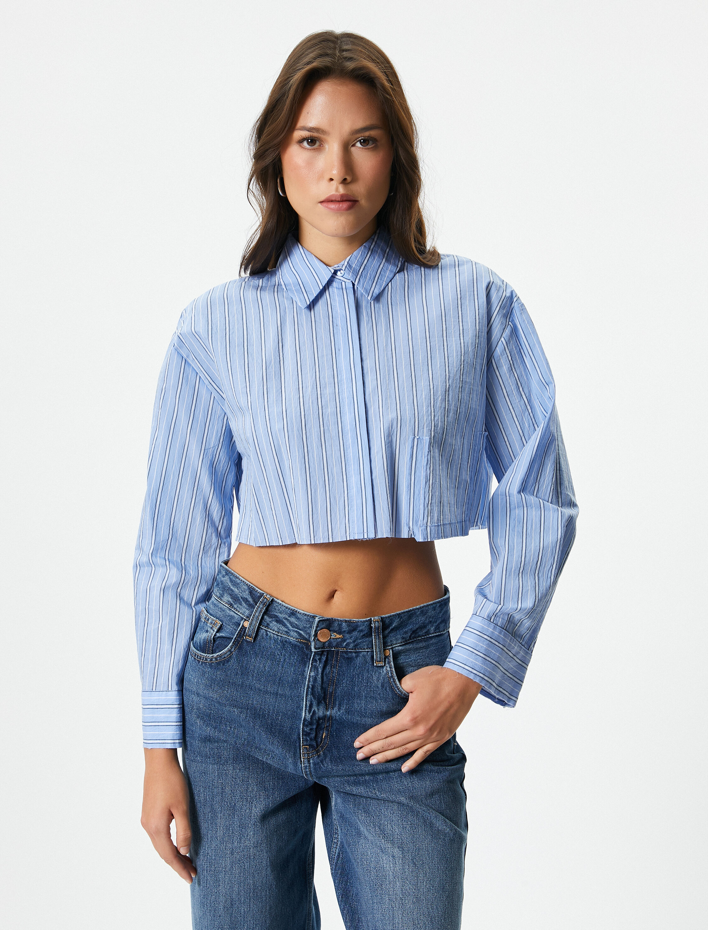 Crop Poplin Gömlek Uzun Kollu Düğmeli Klasik Yaka