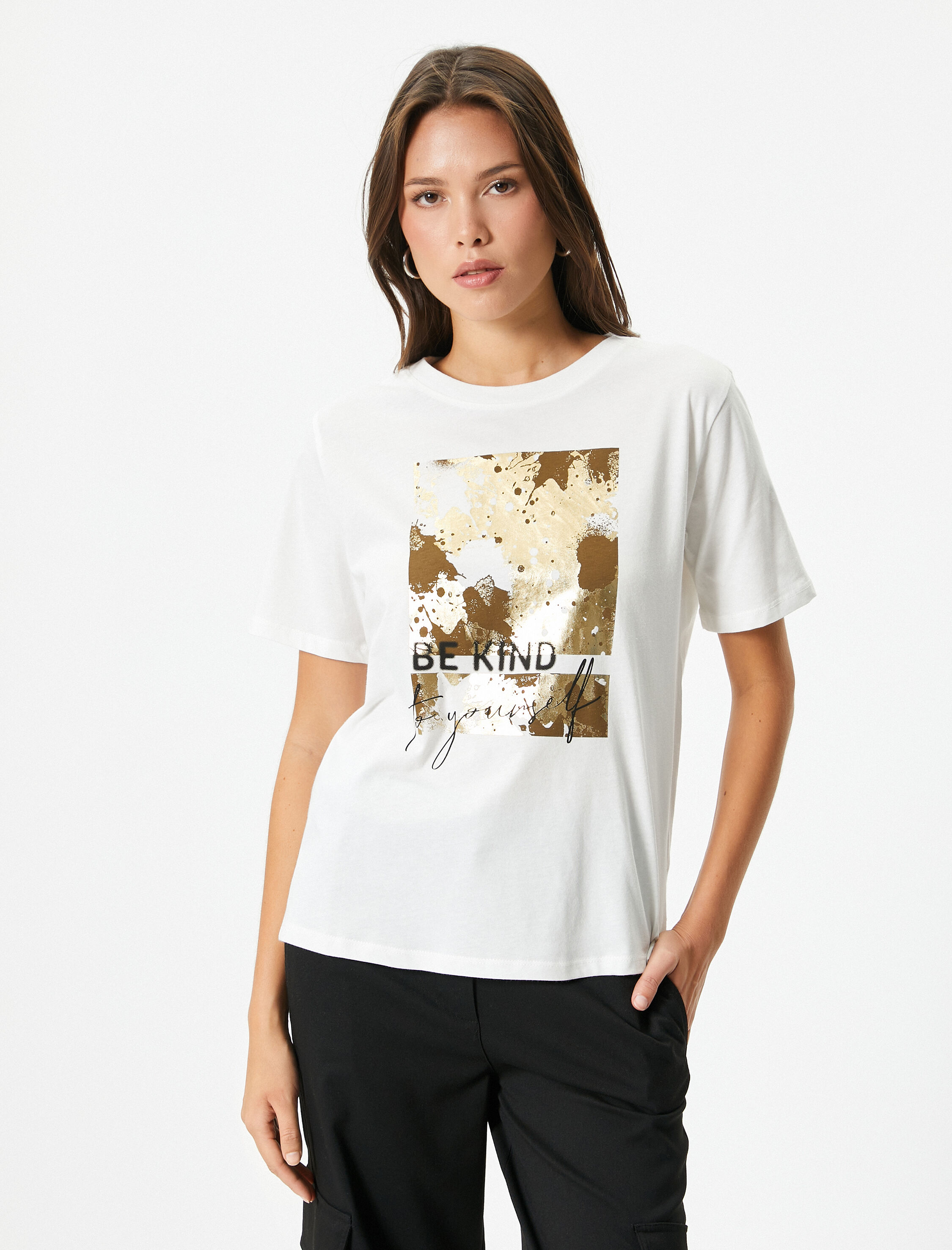   Baskılı Tişört Bisiklet Yaka Kısa Kollu Pamuklu