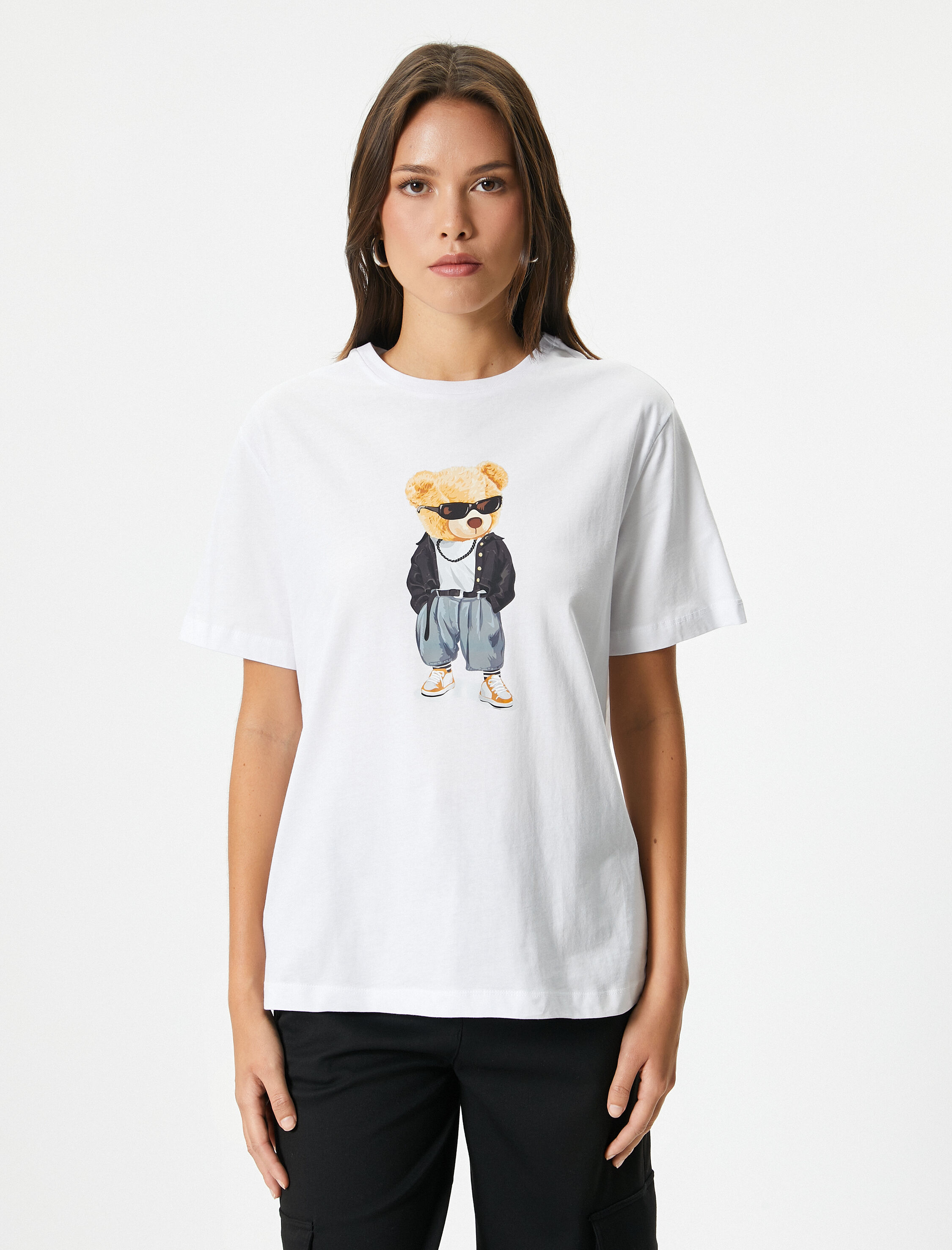   Baskılı Tişört Bisiklet Yaka Kısa Kollu Pamuklu