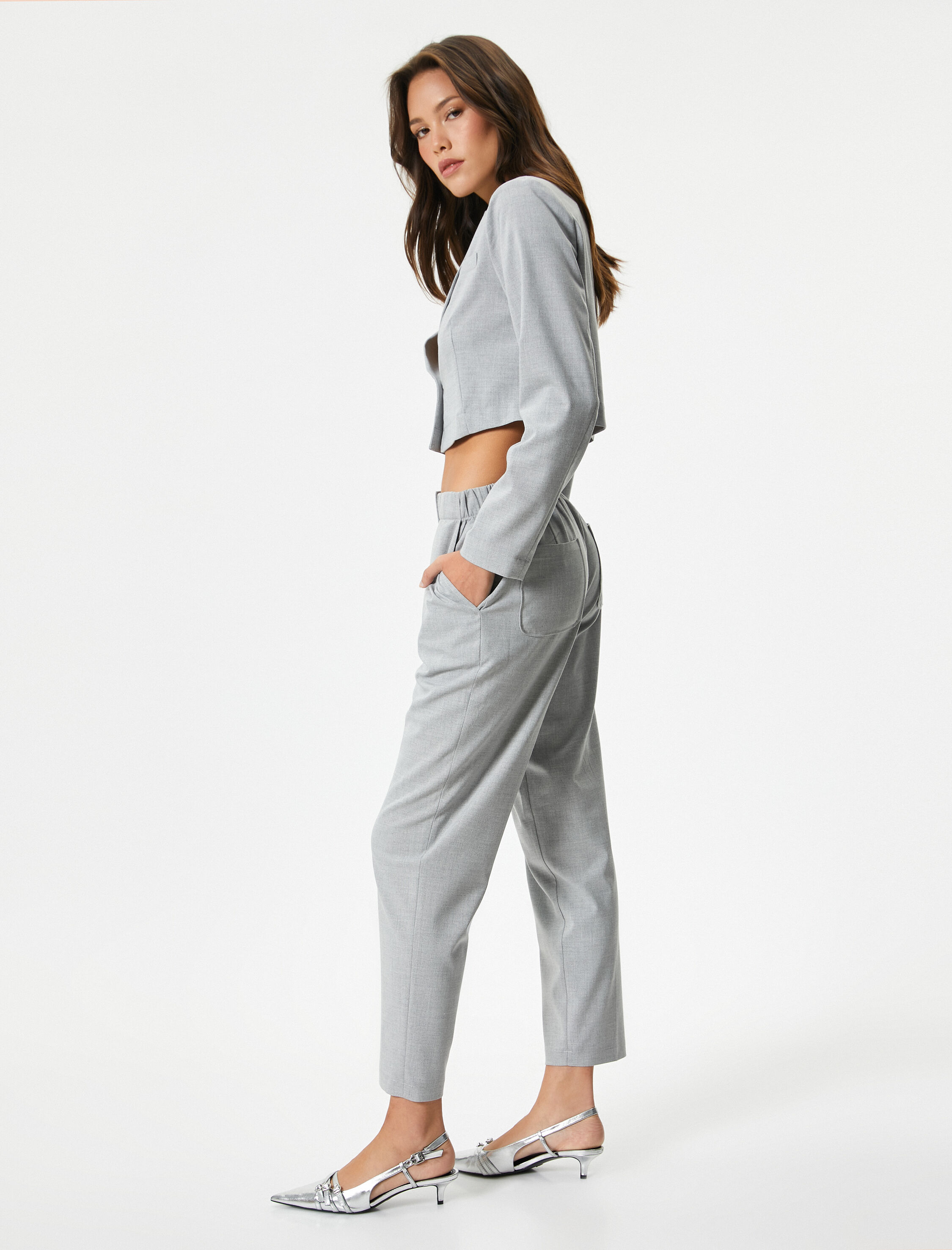   Kumaş Havuç Pantolon Lastikli Yüksek Bel