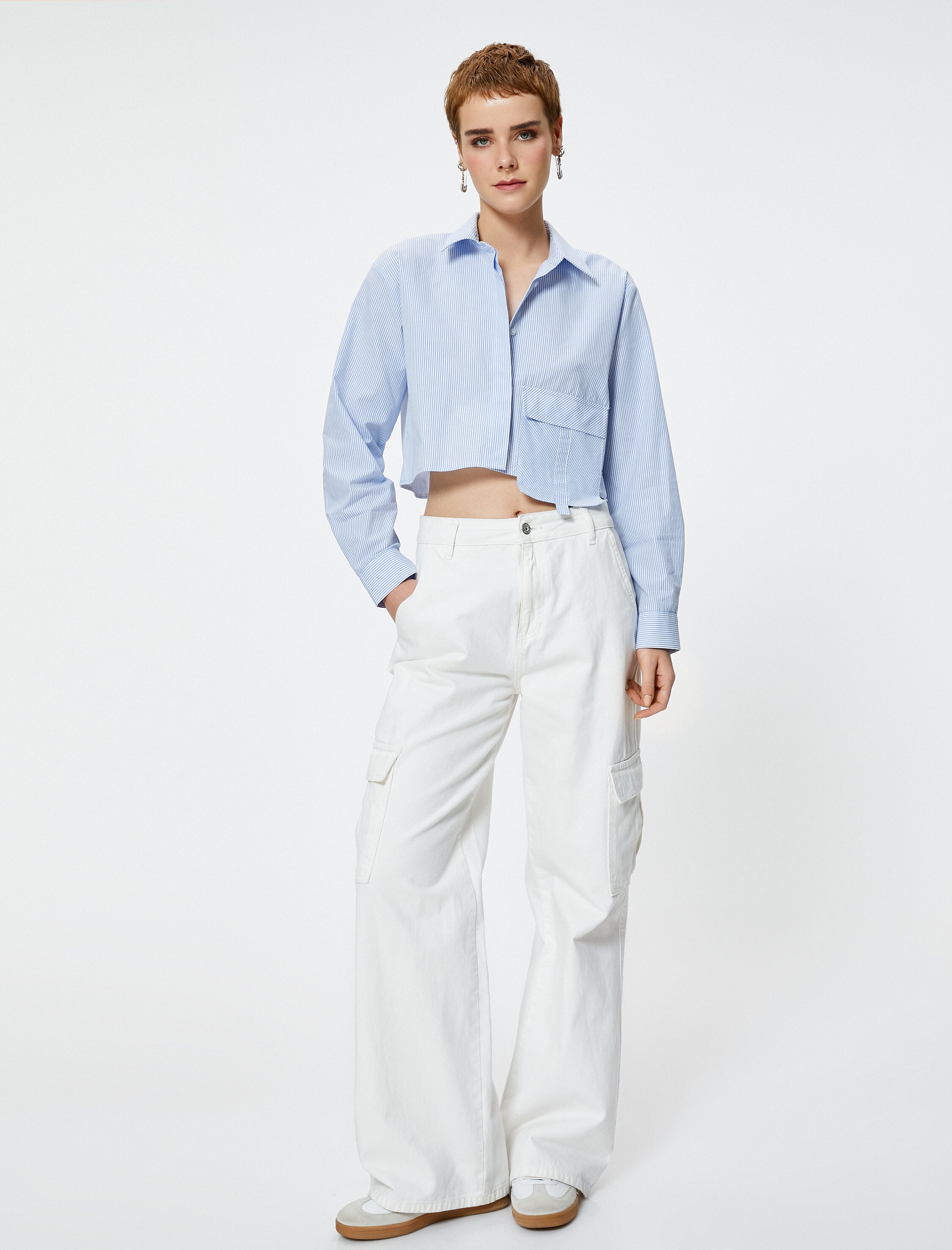   Crop Gömlek Uzun Kollu Klasik Yaka Büyük Cep Detaylı Pamuklu