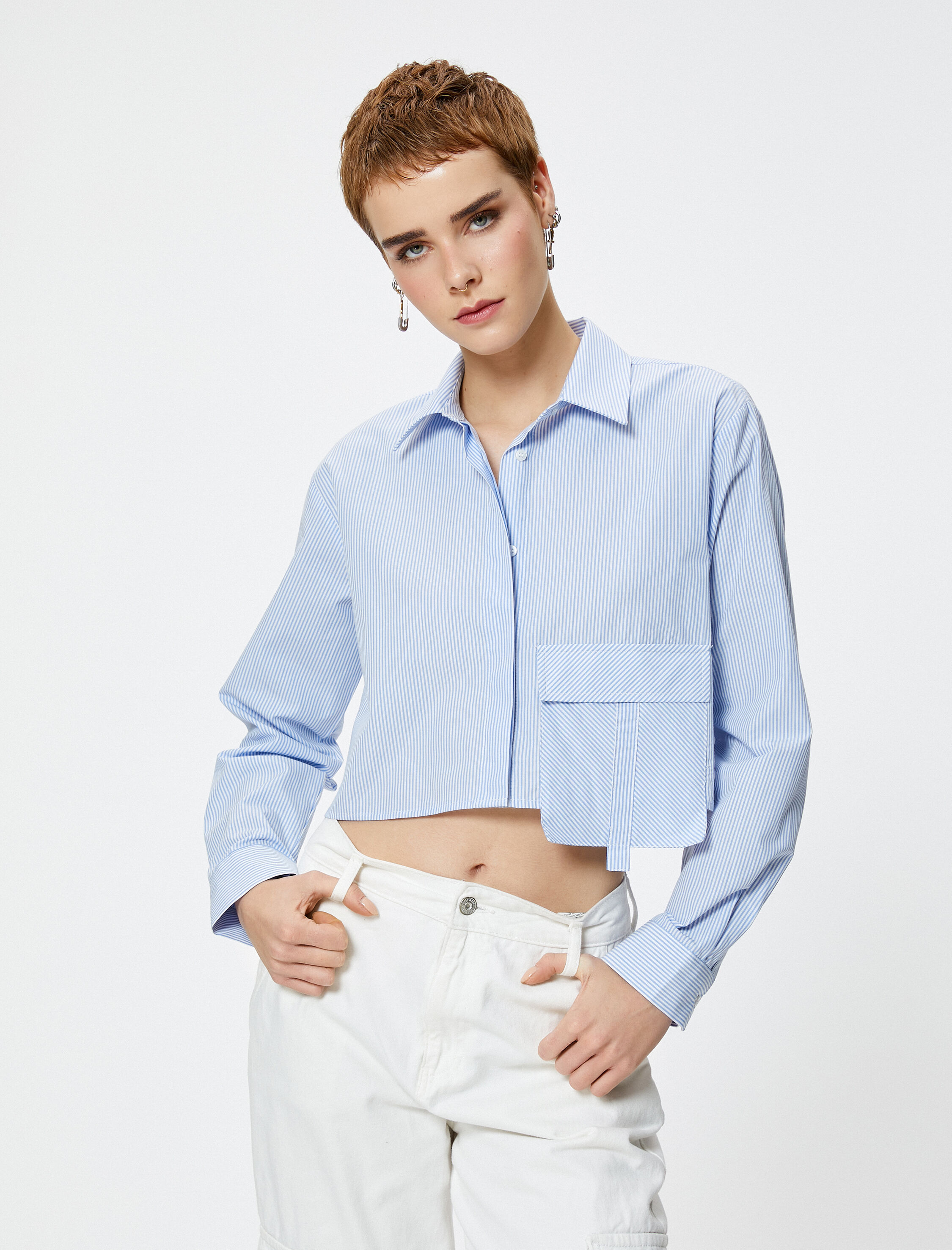   Crop Gömlek Uzun Kollu Klasik Yaka Büyük Cep Detaylı Pamuklu