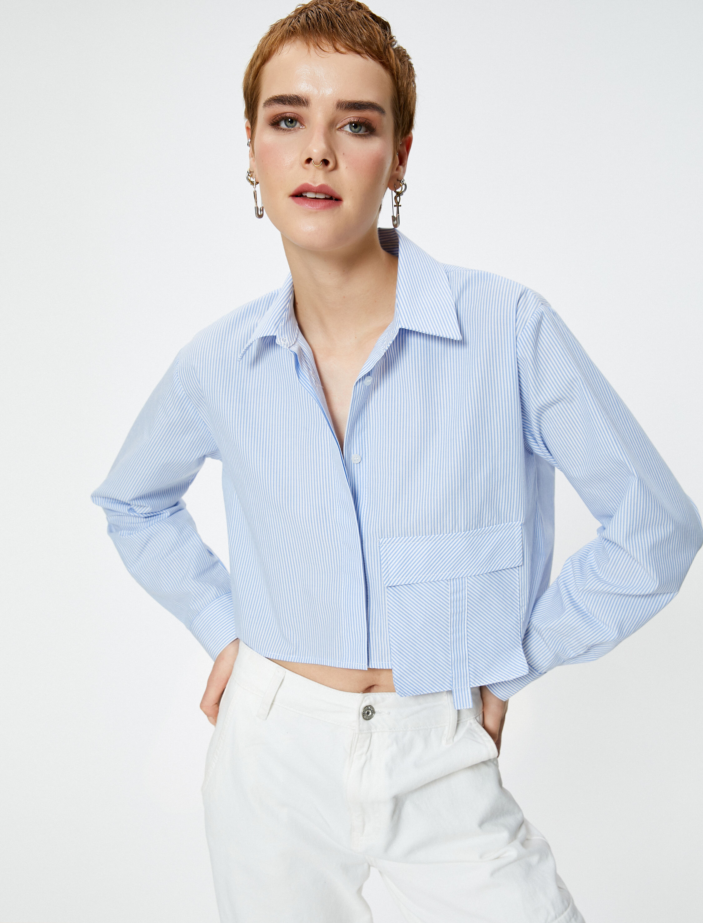   Crop Gömlek Uzun Kollu Klasik Yaka Büyük Cep Detaylı Pamuklu