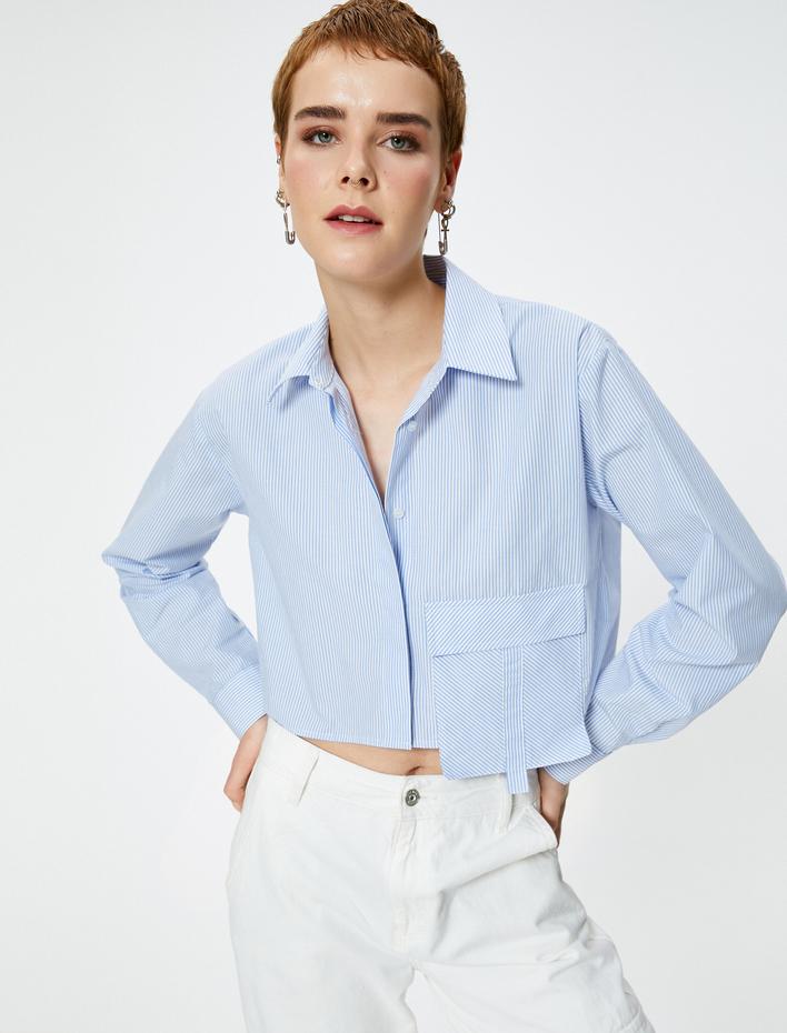  Crop Gömlek Uzun Kollu Klasik Yaka Büyük Cep Detaylı Pamuklu