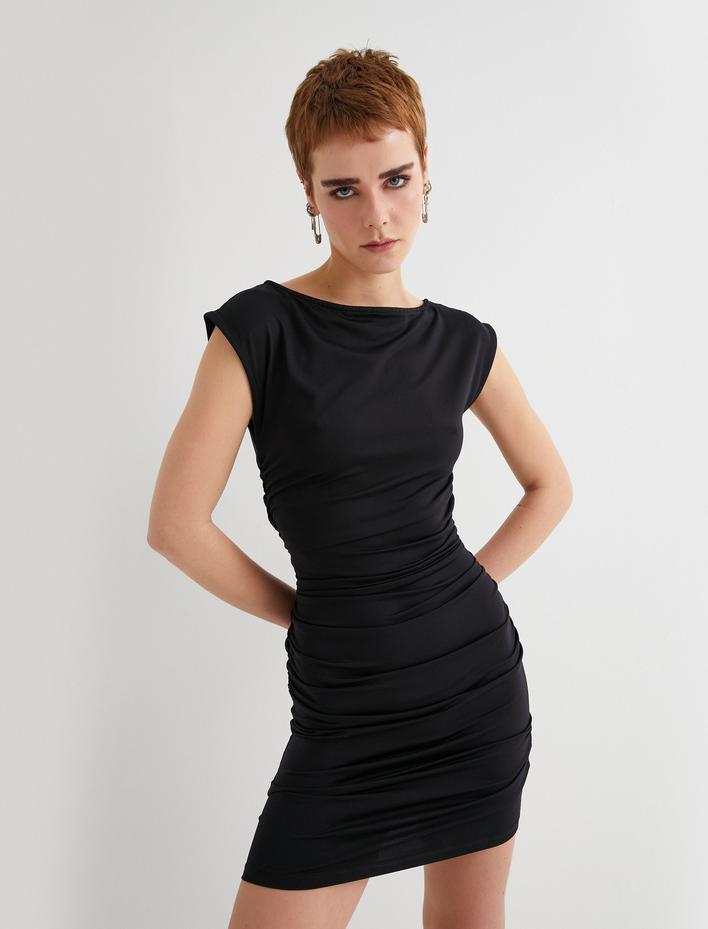  Mini Kalem Elbise Drapeli Kolsuz Yuvarlak Yaka