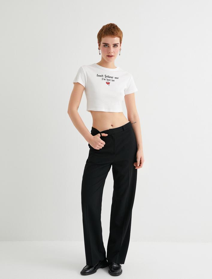  Baskılı Crop Tişört Baskılı Kısa Kollu Bisiklet Yaka Pamuklu Slim Fit
