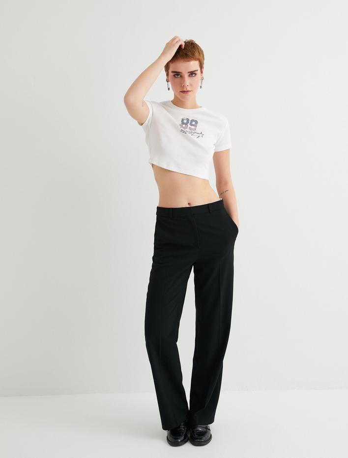  Slim Fit Crop Tişört Baskılı Kısa Kollu Bisiklet Yaka Pamuklu