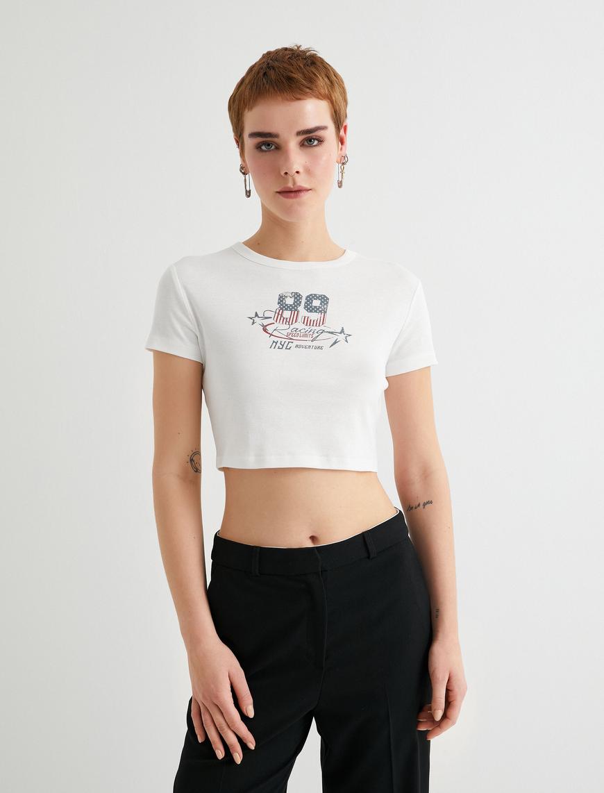   Slim Fit Crop Tişört Baskılı Kısa Kollu Bisiklet Yaka Pamuklu