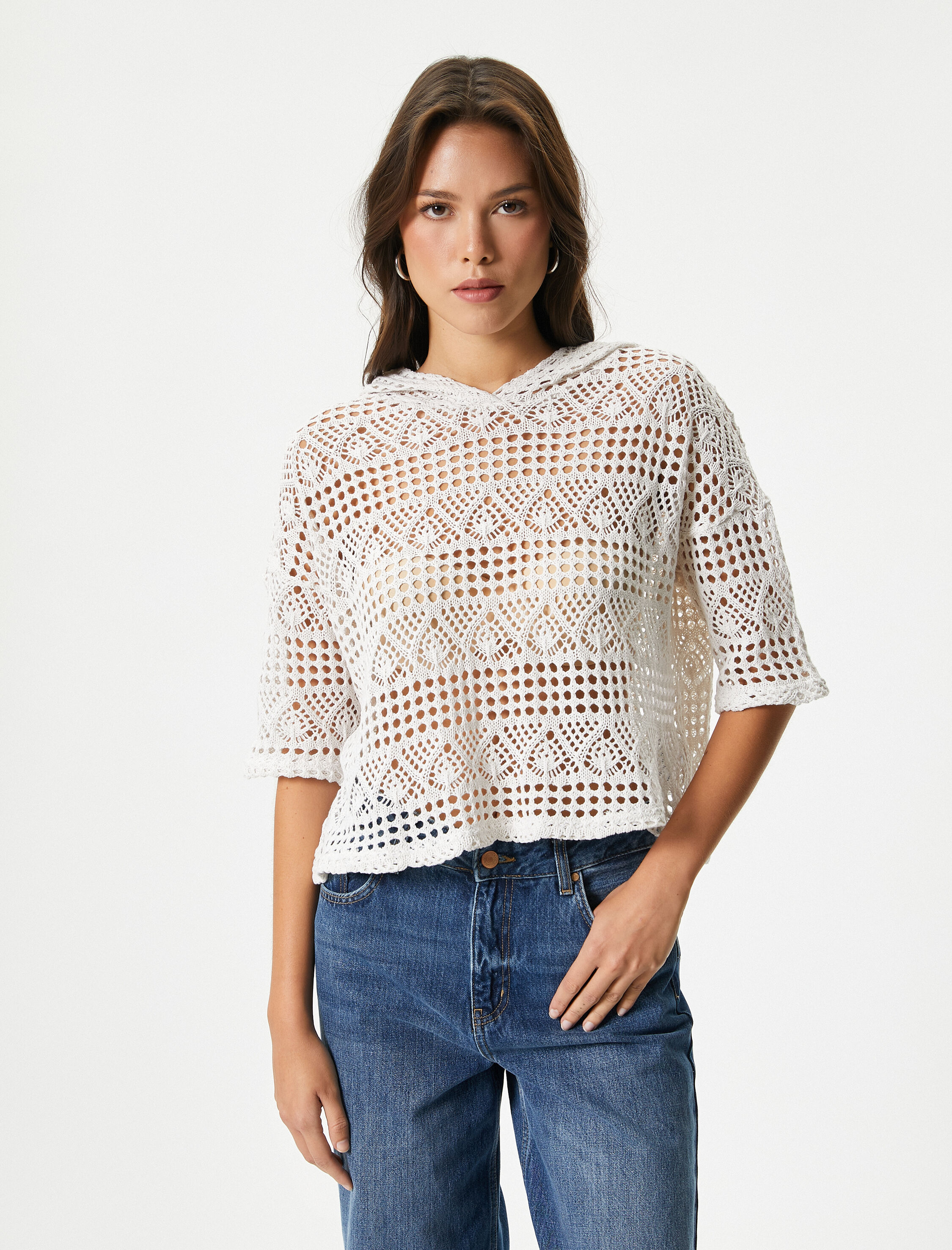   Crop Kroşe Sweatshirt Kapüşonlu Kısa Kollu Ajurlu