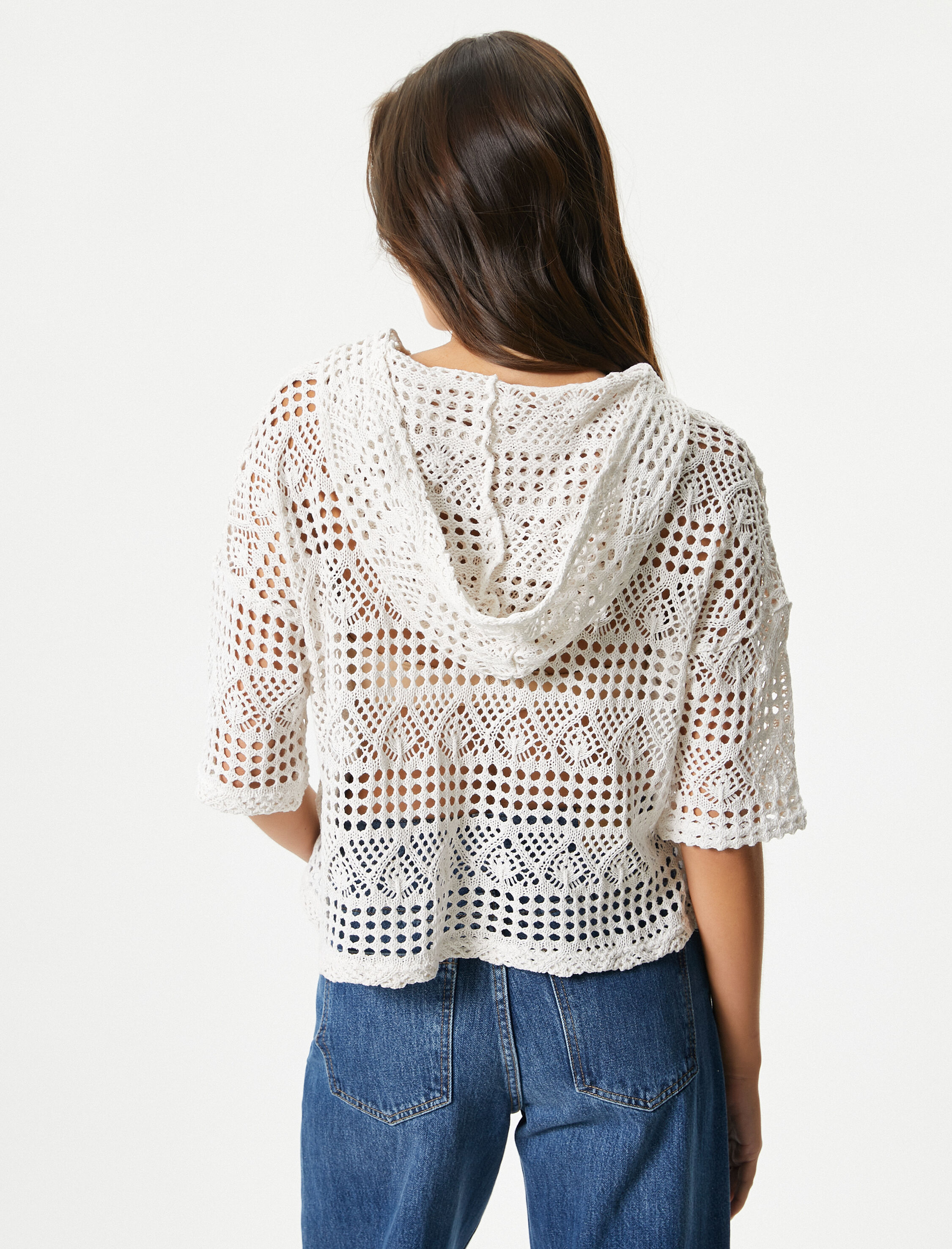   Crop Kroşe Sweatshirt Kapüşonlu Kısa Kollu Ajurlu