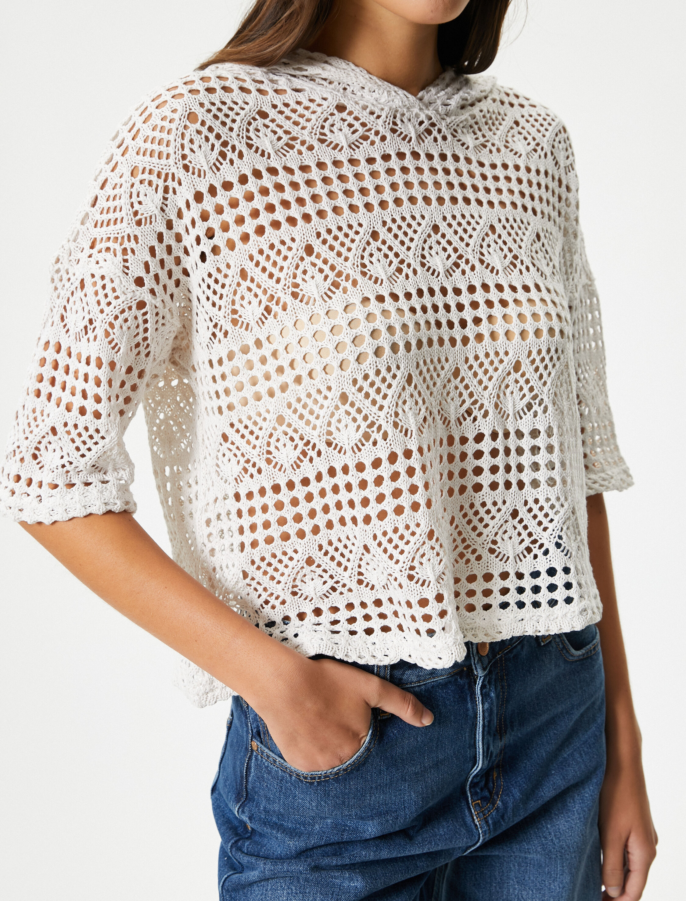   Crop Kroşe Sweatshirt Kapüşonlu Kısa Kollu Ajurlu