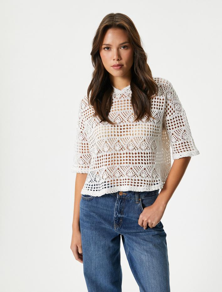  Crop Kroşe Sweatshirt Kapüşonlu Kısa Kollu Ajurlu