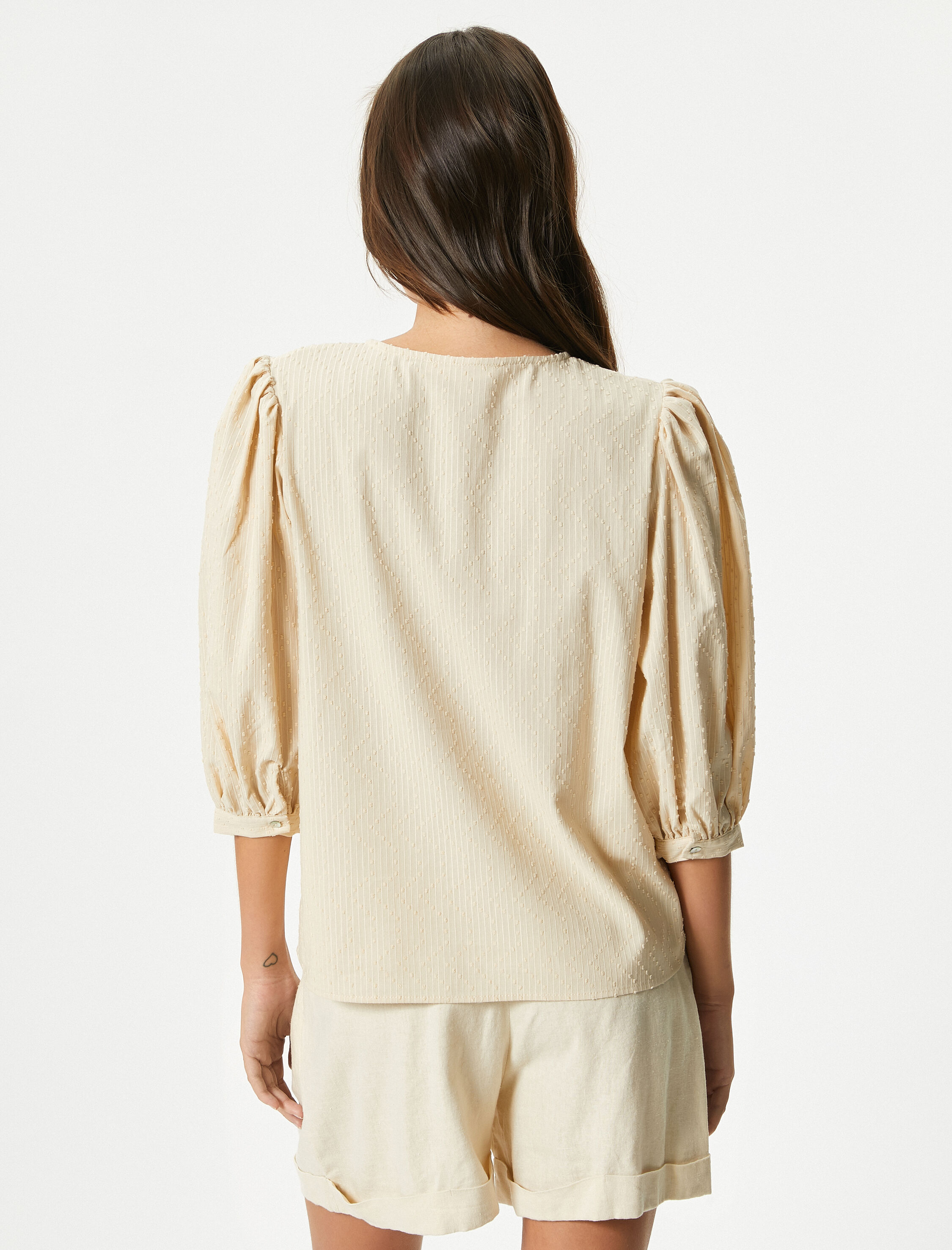   Balon Kol Bluz V Yaka Dokulu Boncuklu