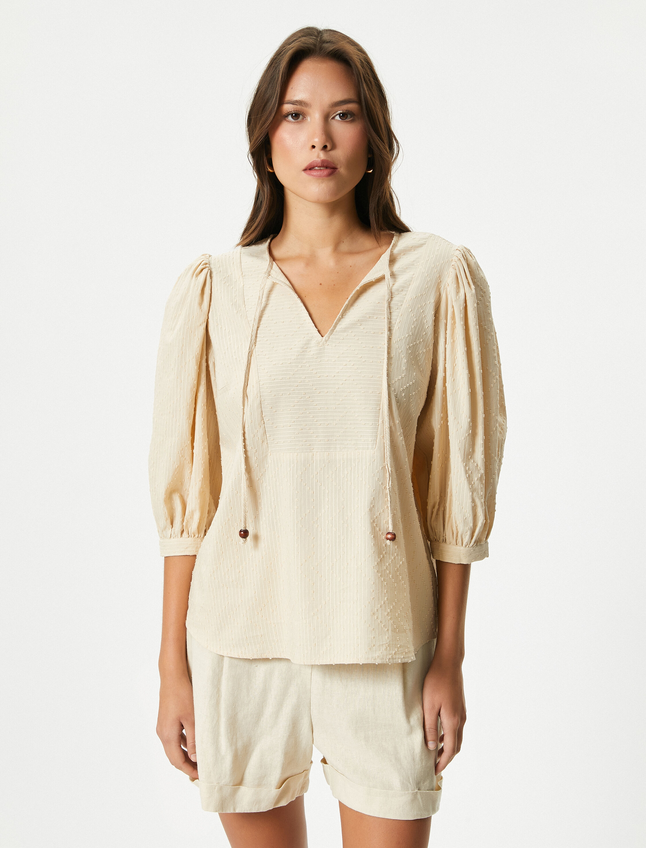   Balon Kol Bluz V Yaka Dokulu Boncuklu