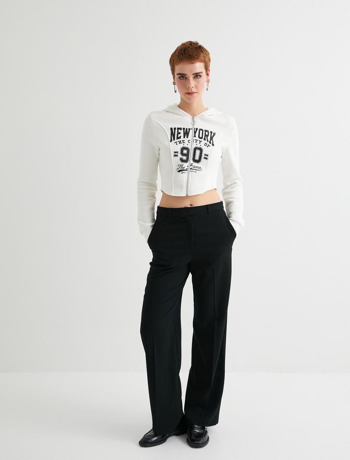  Şardonlu Crop Fermuarlı Kapüşonlu Sweatshirt Kolej Temalı Uzun Kollu Slim Fit