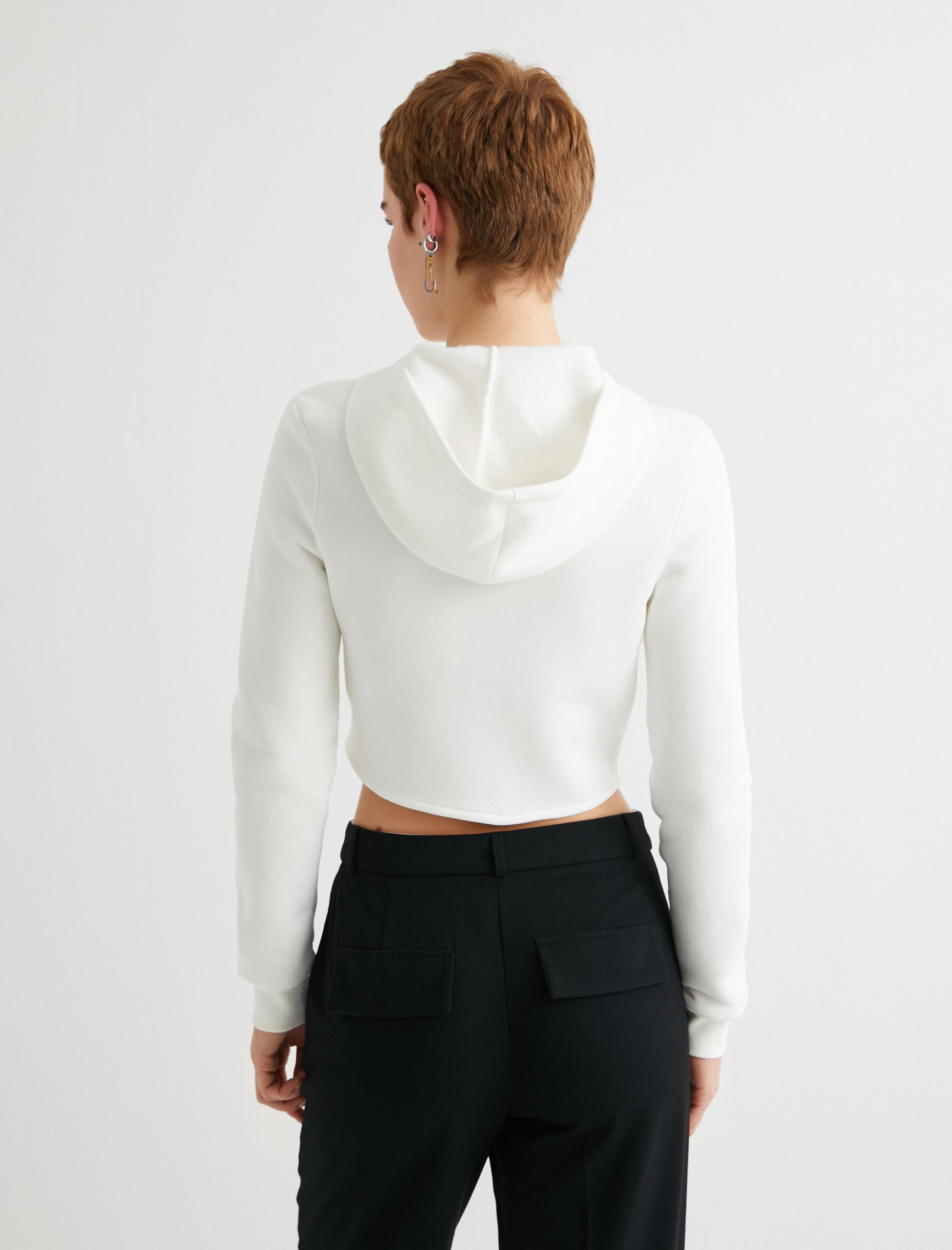   Şardonlu Crop Fermuarlı Kapüşonlu Sweatshirt Kolej Temalı Uzun Kollu Slim Fit