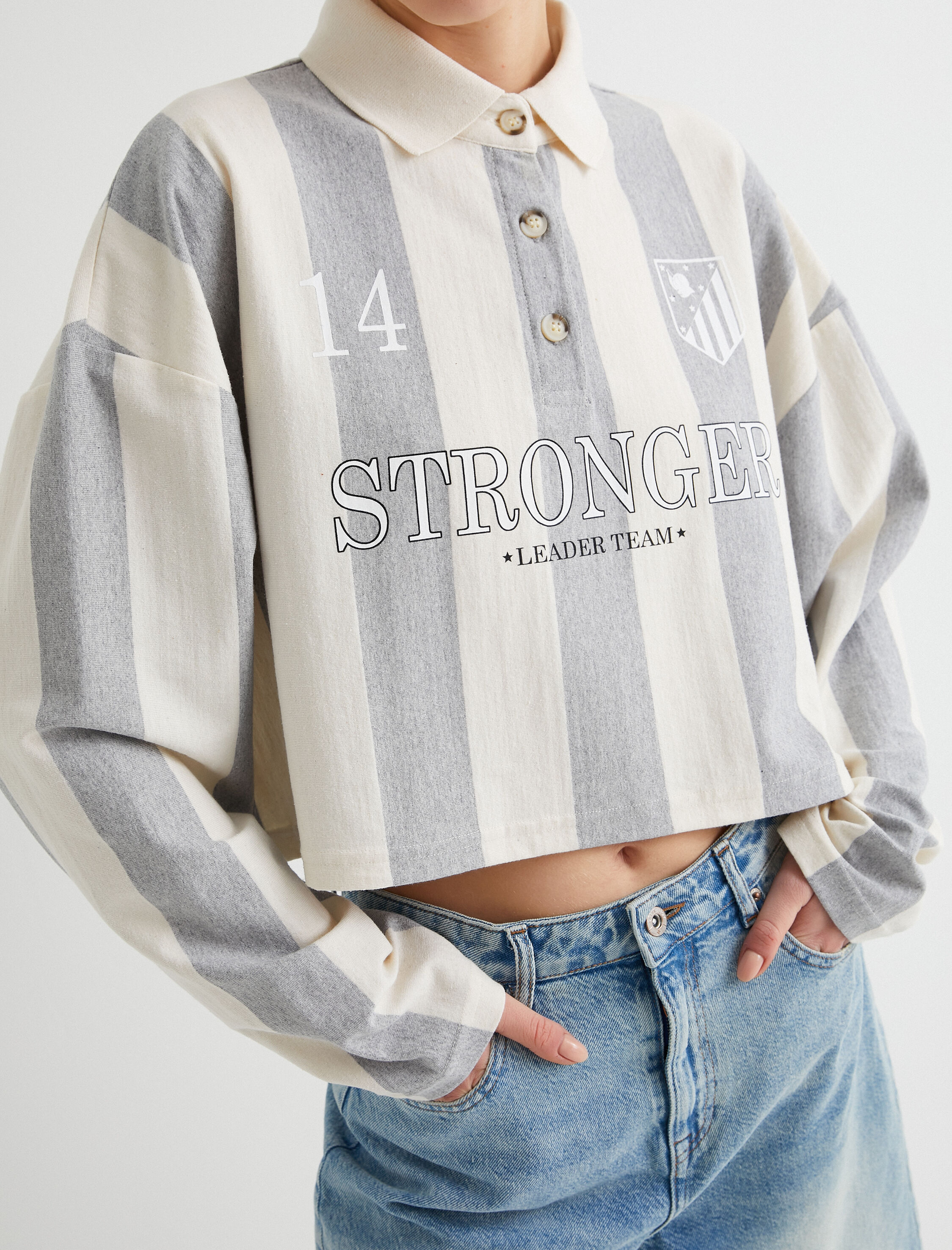   Polo Yaka Oversize Sweatshirt Baskılı Düğmeli Uzun Kollu