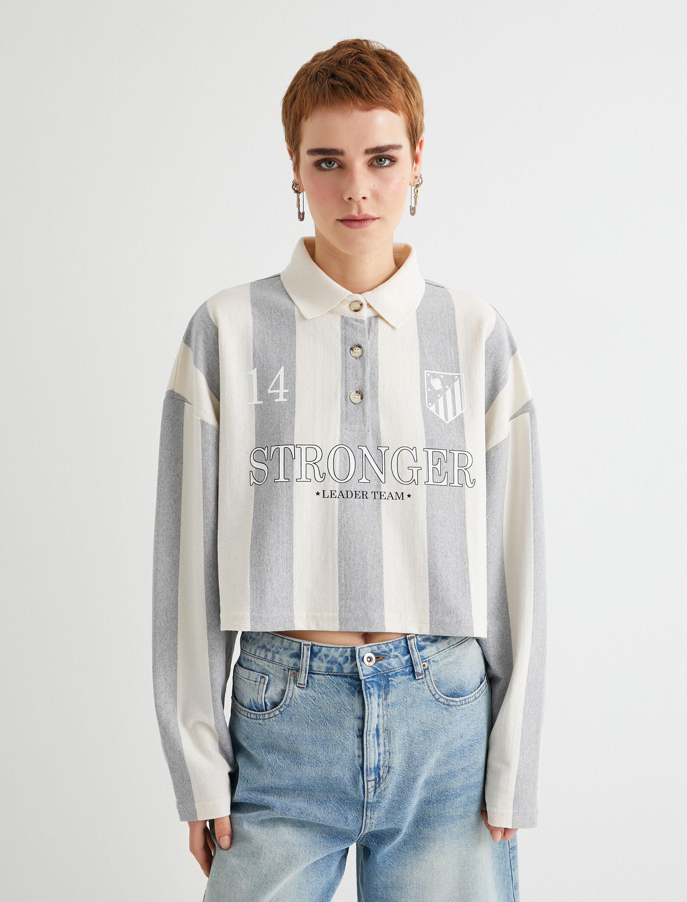   Polo Yaka Oversize Sweatshirt Baskılı Düğmeli Uzun Kollu