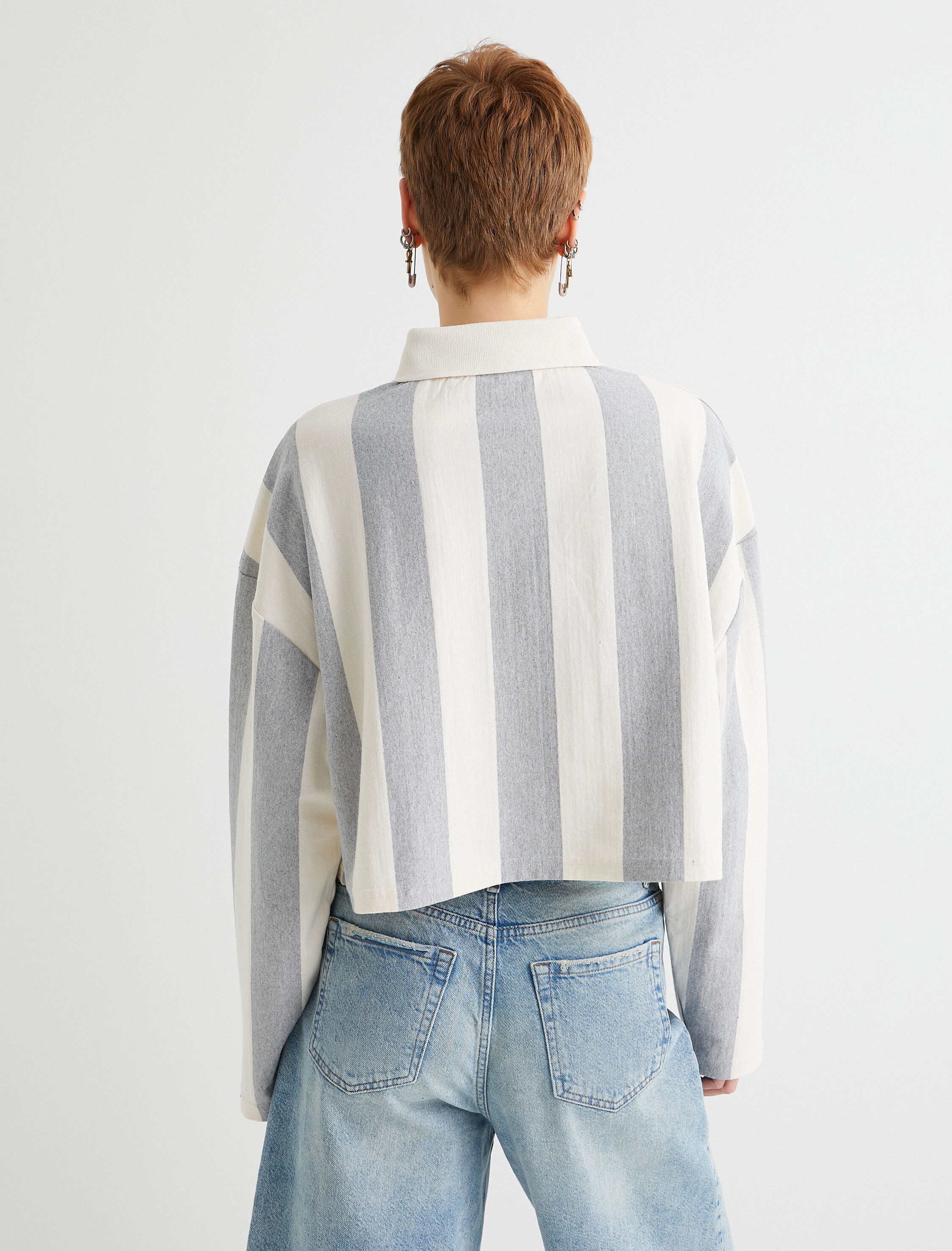   Polo Yaka Oversize Sweatshirt Baskılı Düğmeli Uzun Kollu