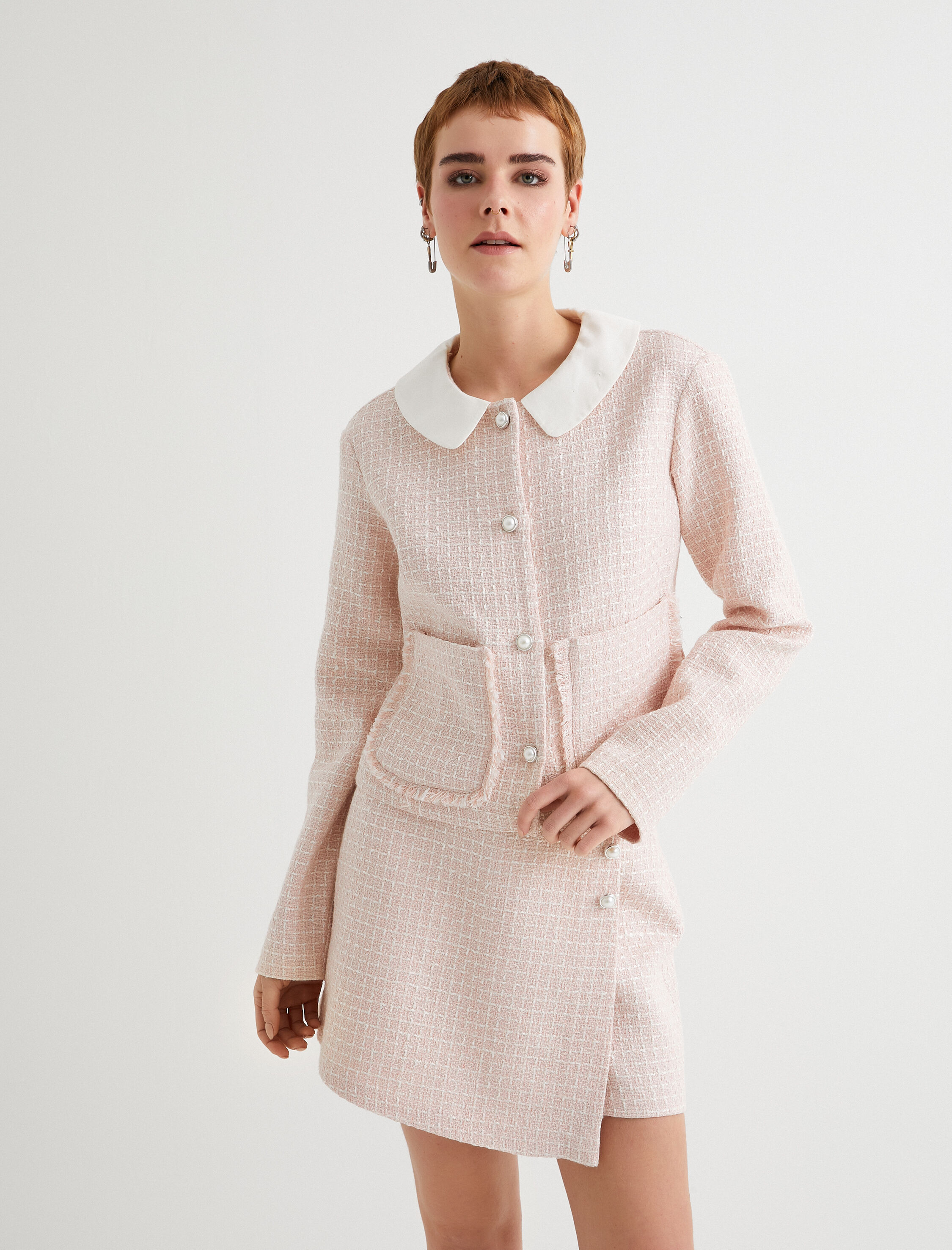   Tüvit Ceket İnci Düğme Detaylı Bebe Yaka Uzun Kollu Cepli