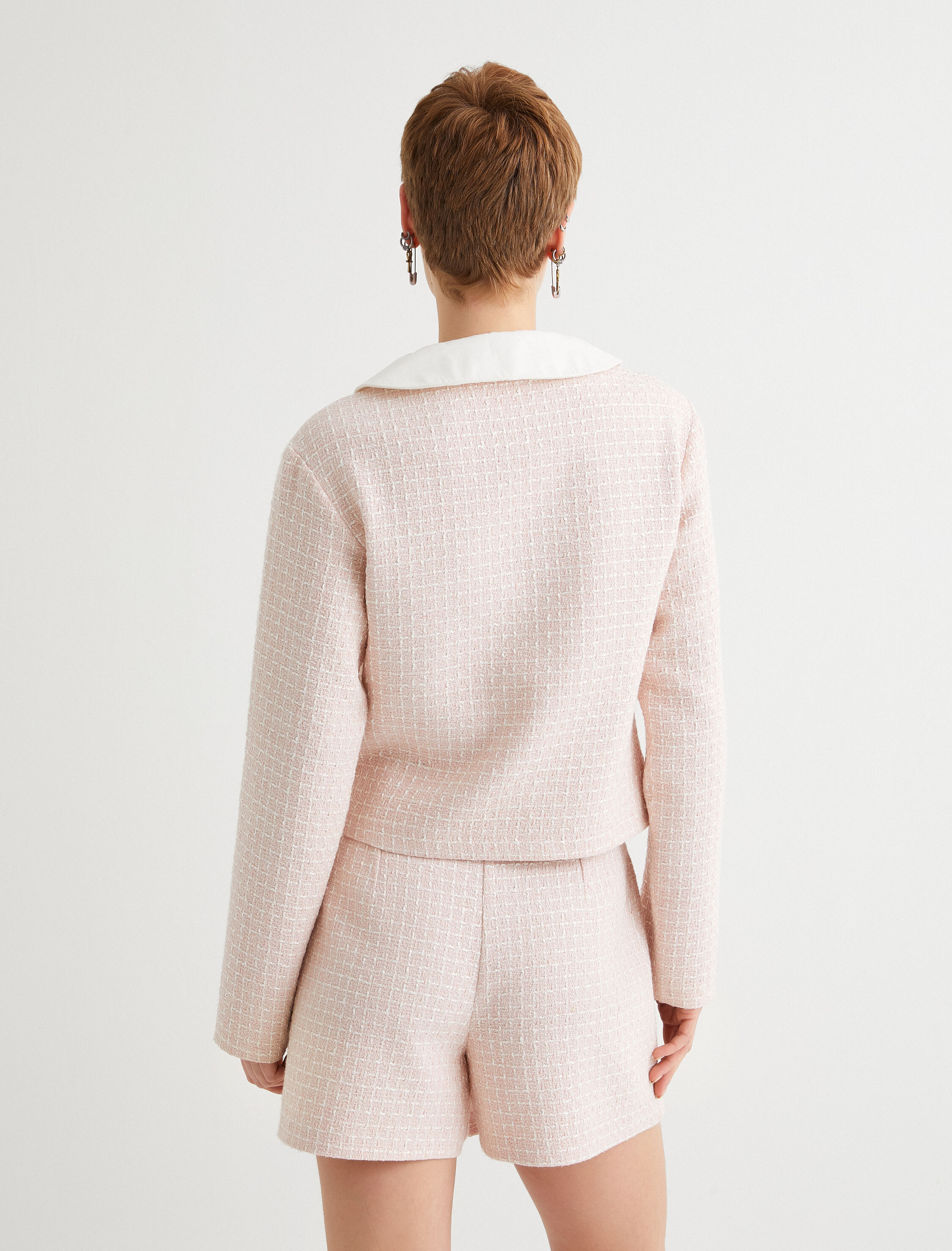   Tüvit Ceket İnci Düğme Detaylı Bebe Yaka Uzun Kollu Cepli