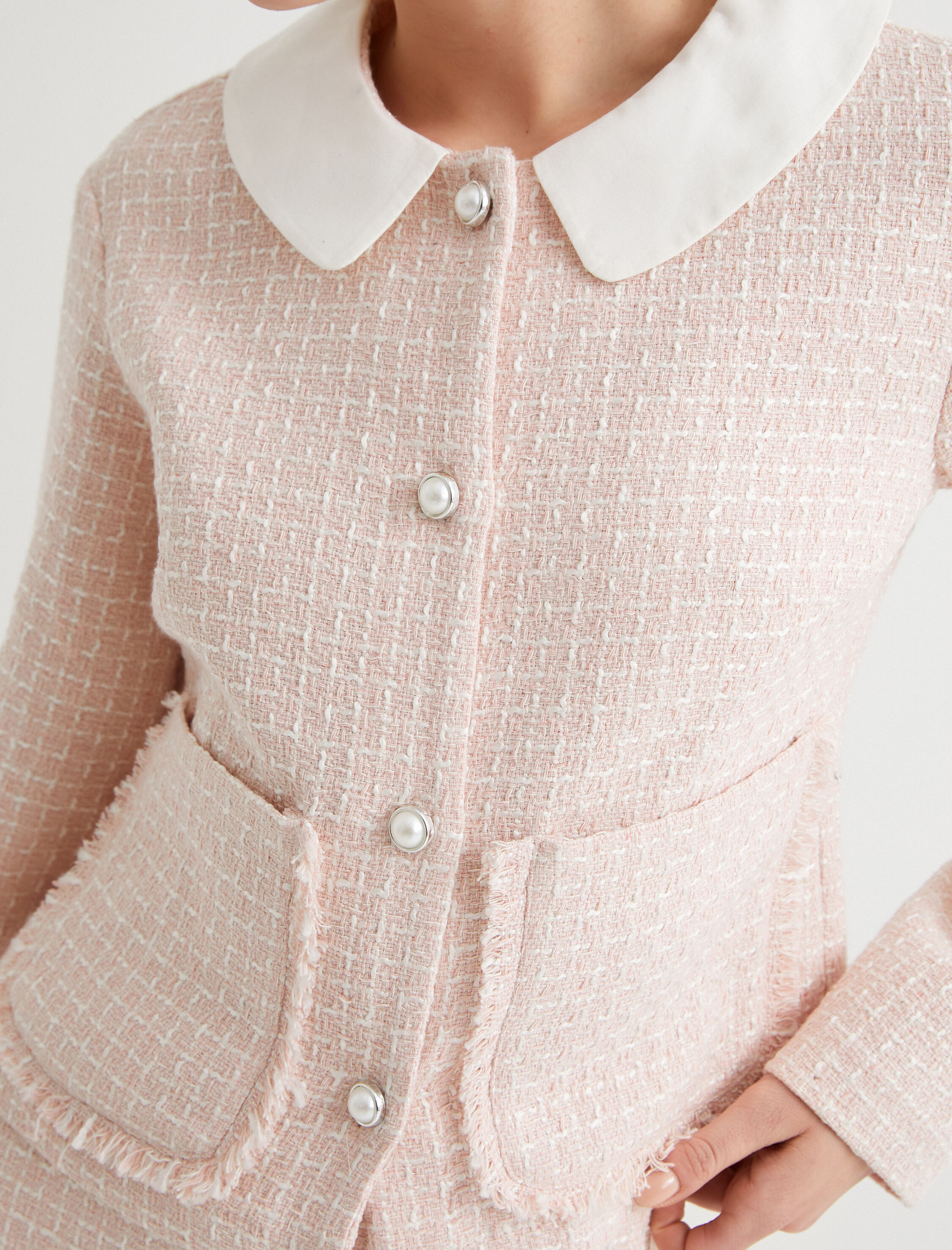   Tüvit Ceket İnci Düğme Detaylı Bebe Yaka Uzun Kollu Cepli