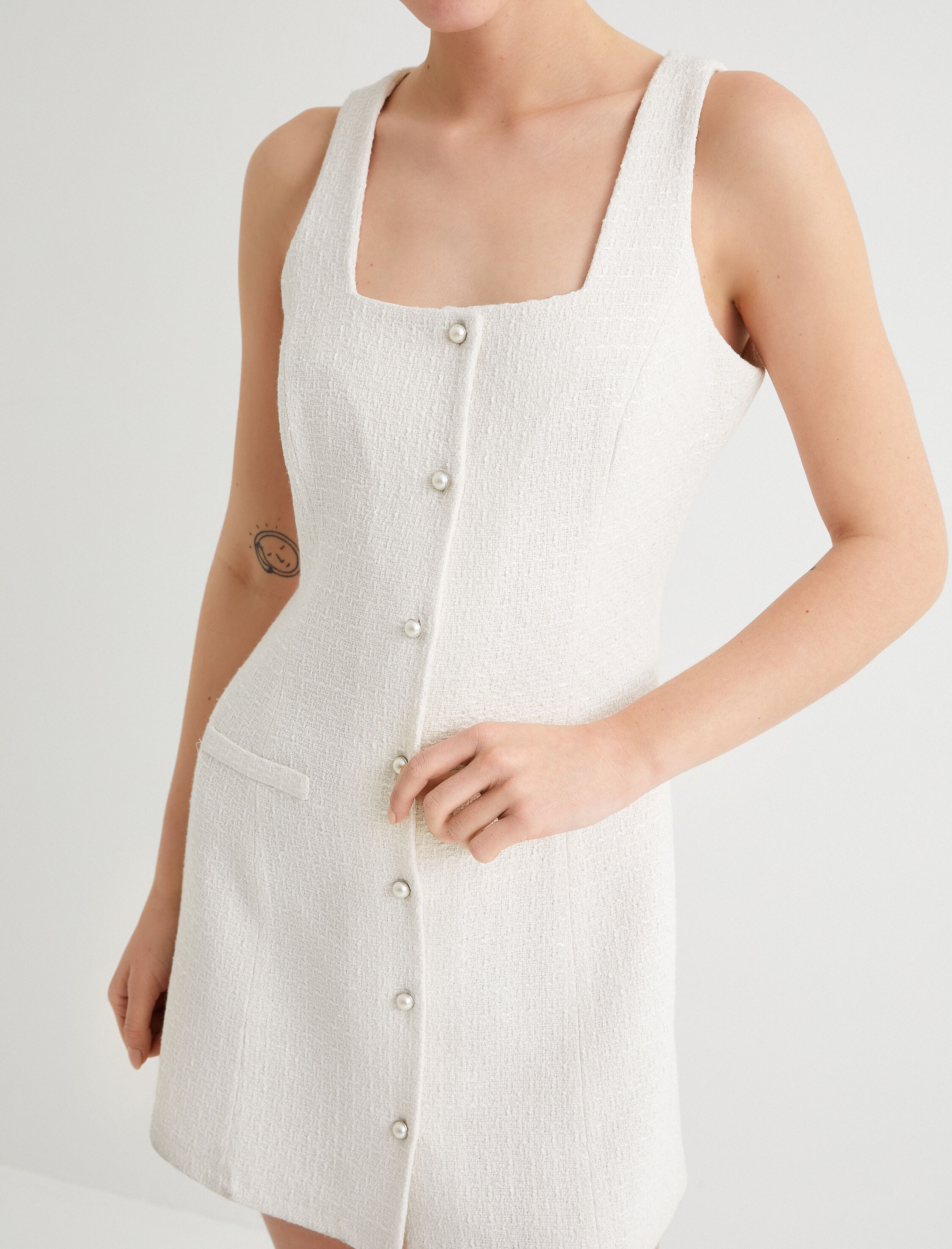   Mini Tüvit Elbise Salopet İnci Düğme Detaylı Cepli Slim Fit