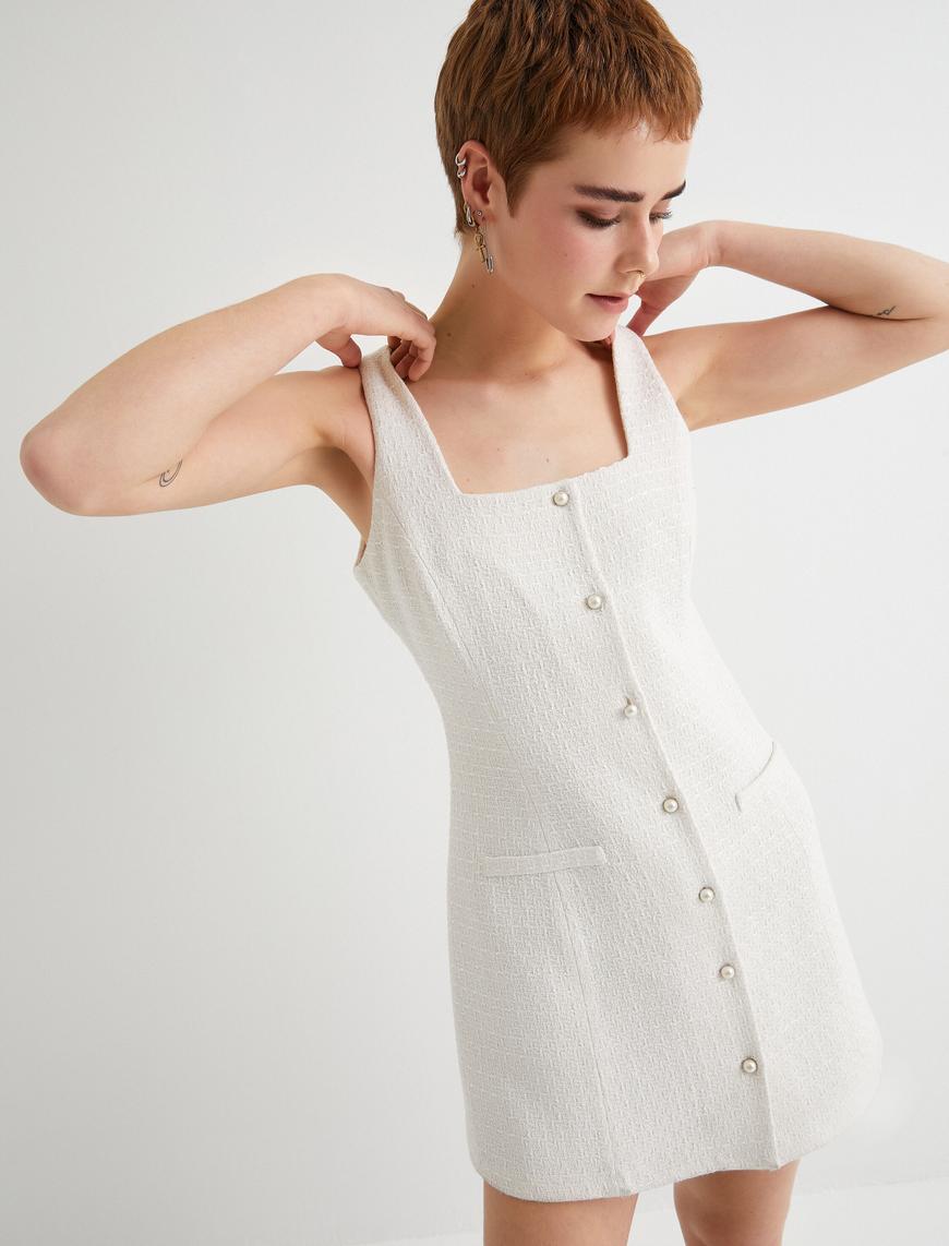   Mini Tüvit Elbise Salopet İnci Düğme Detaylı Cepli Slim Fit