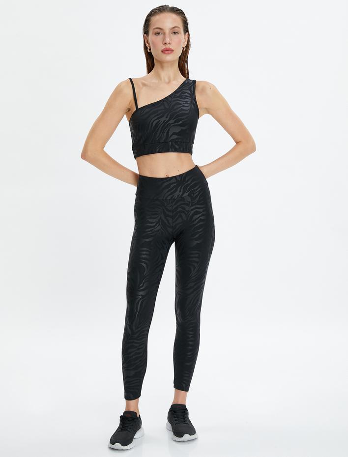  Tek Omuz Sporcu Sütyeni Zebra Desenli İnce Askı Detaylı Kaplı