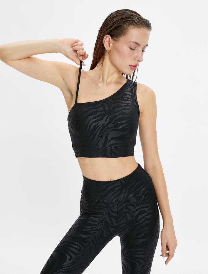  Tek Omuz Sporcu Sütyeni Zebra Desenli İnce Askı Detaylı Kaplı