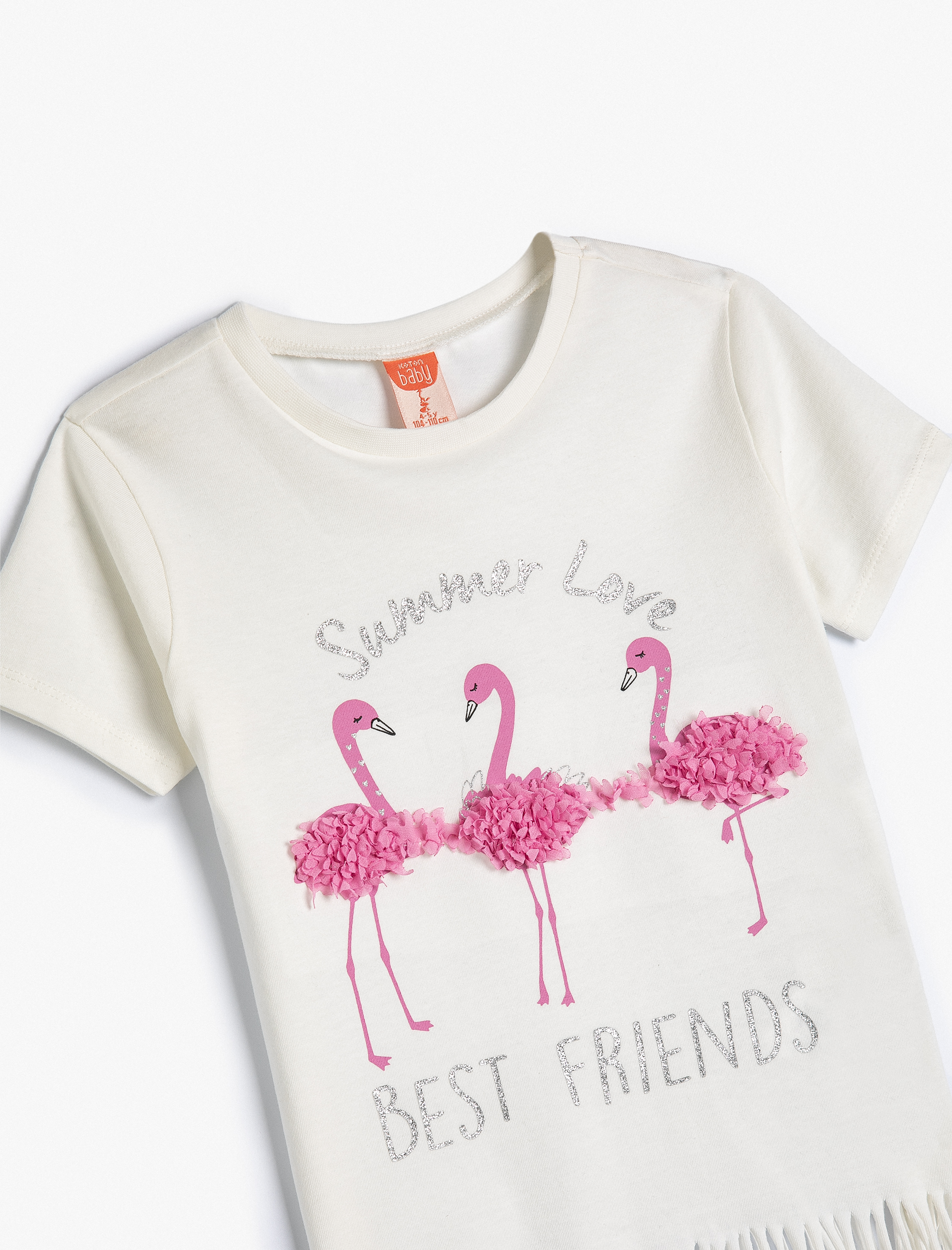  Kız Bebek Kısa Kollu Püsküllü Tişört Bisiklet Yaka Aplikeli Flamingo Baskılı Pamuklu