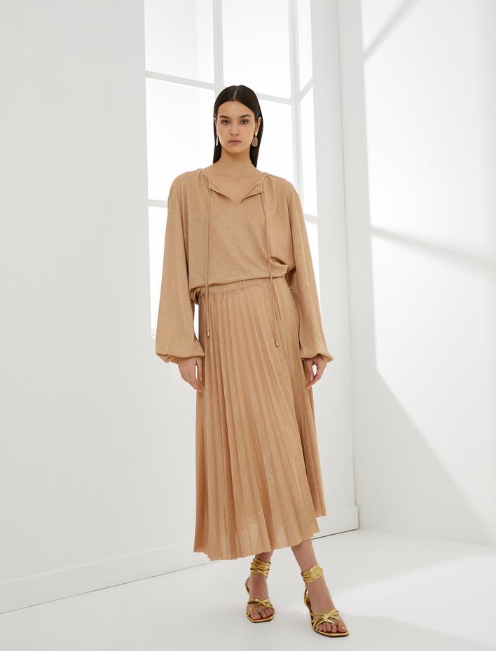  Simli Balon Kol Bluz V Bağlama Yaka