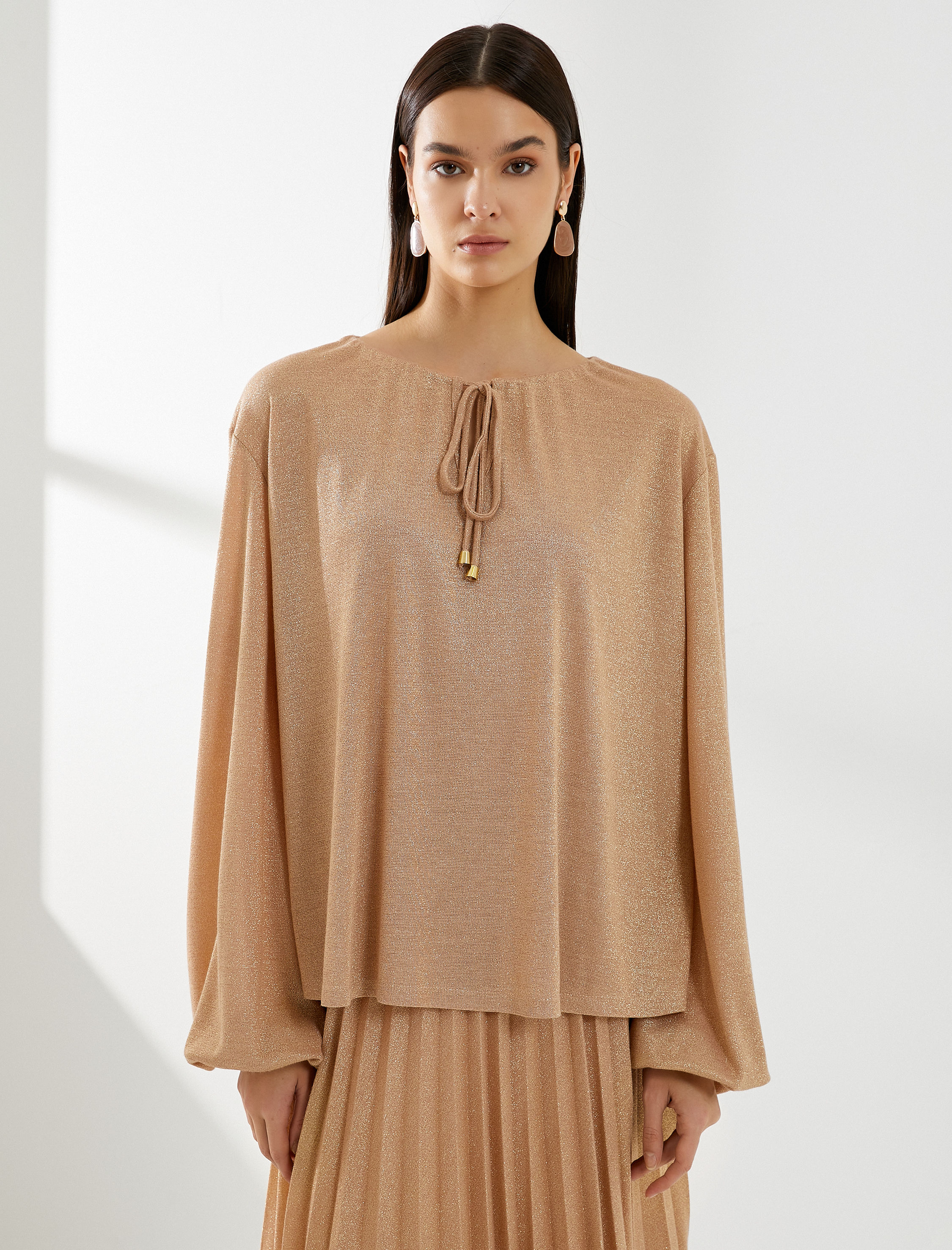   Simli Balon Kol Bluz V Bağlama Yaka