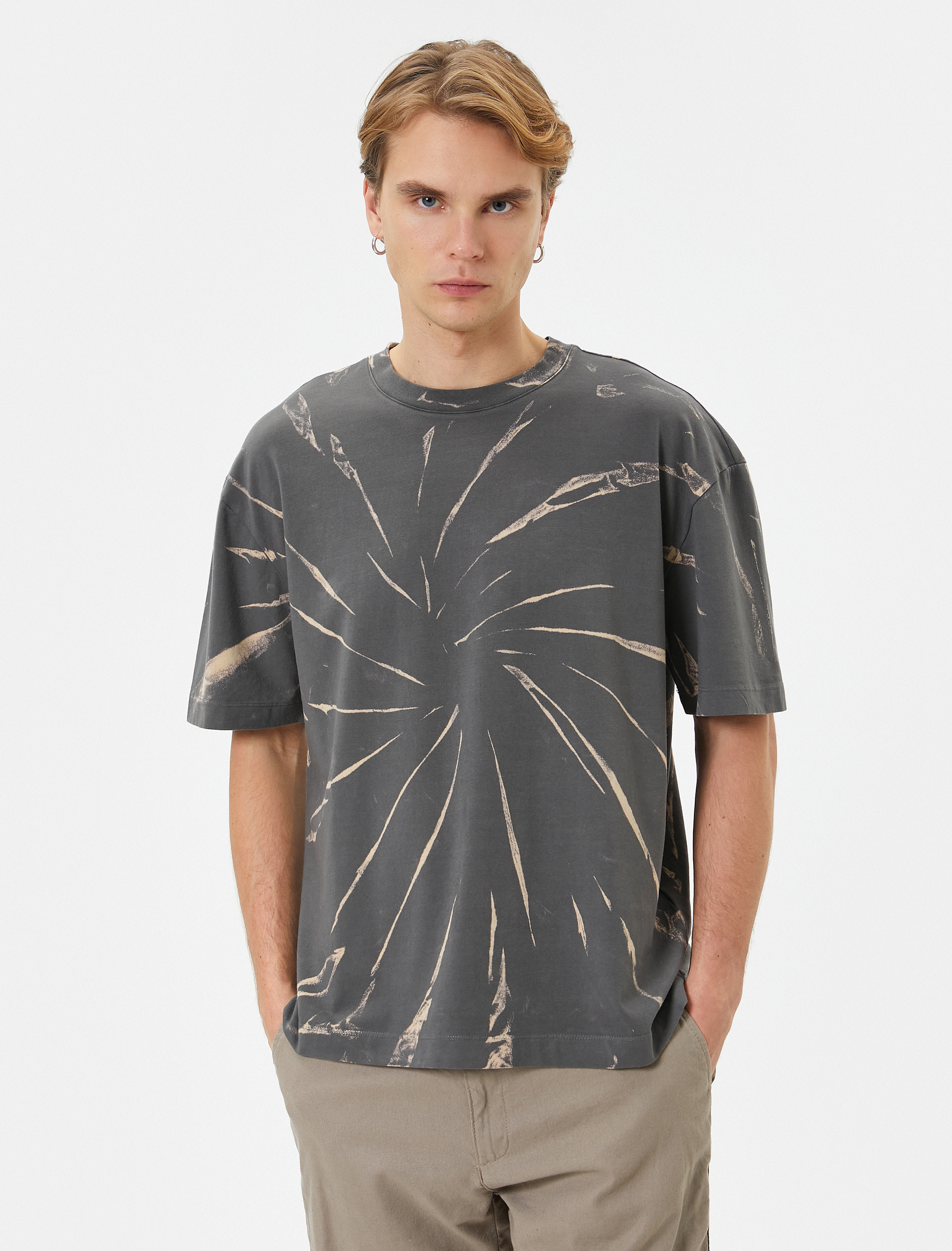   Oversize Tişört Soyut Baskılı Bisiklet Yaka Kısa Kollu