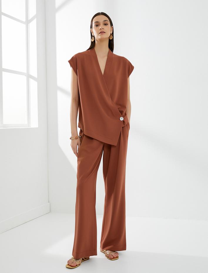  Bol Paça Pantolon Yüksek Bel Lastikli Cepli