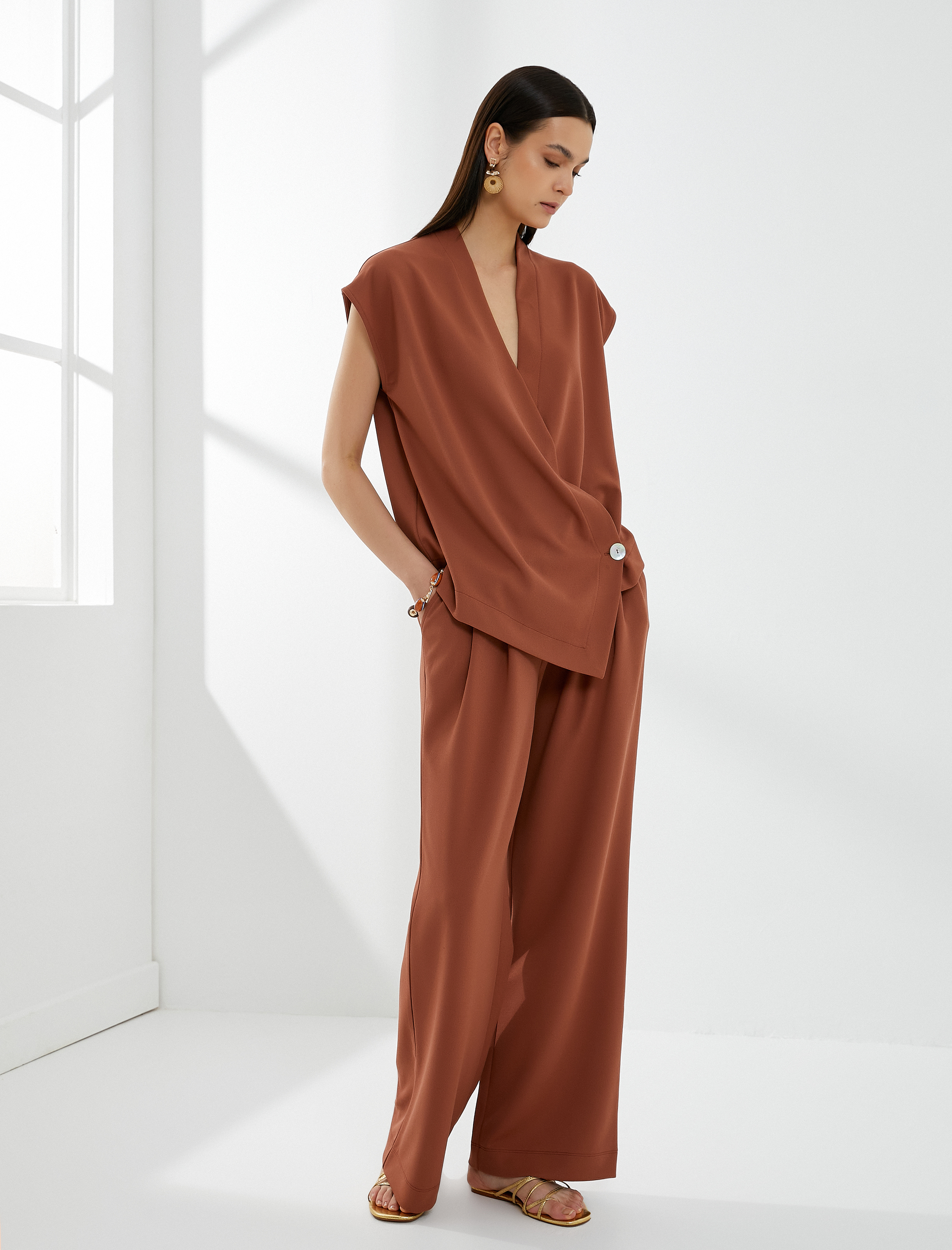   Bol Paça Pantolon Yüksek Bel Lastikli Cepli