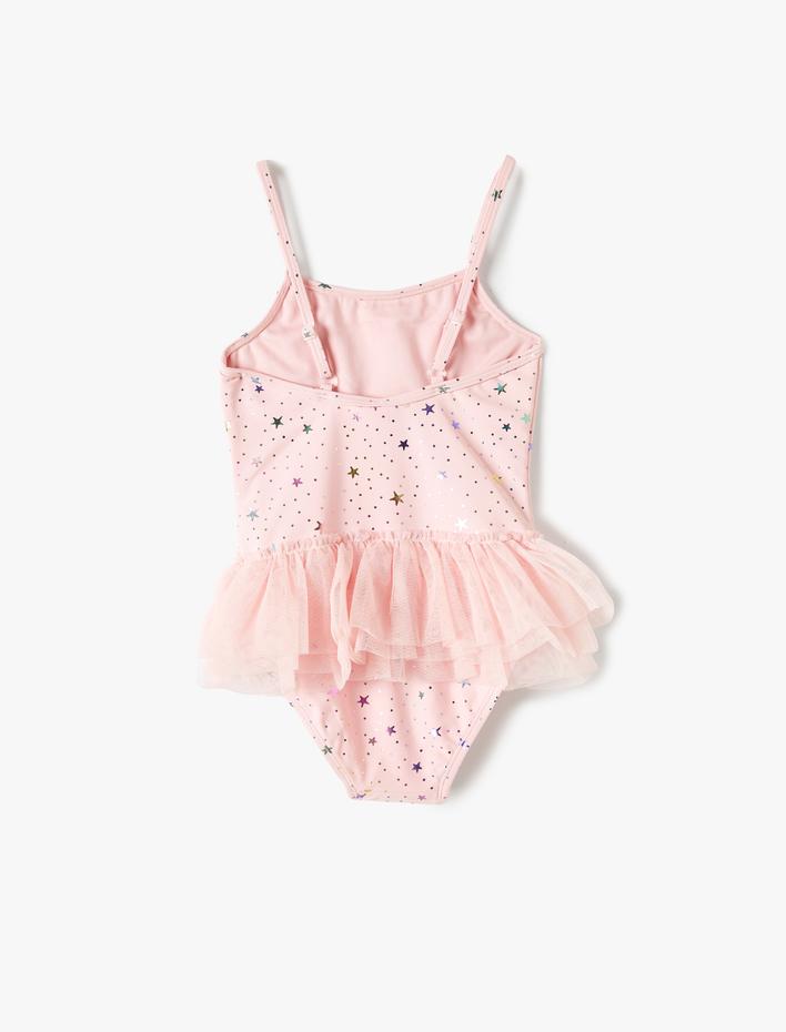 Kız Çocuk Mayo Tül Detaylı Parlak Yıldız Baskılı