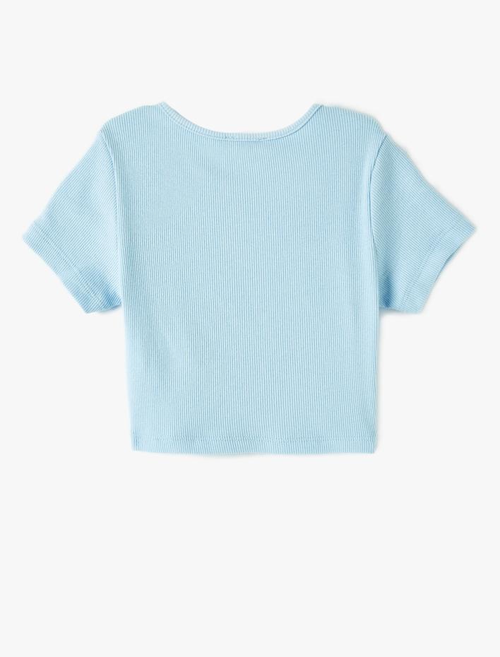 Kız Çocuk Crop Tişört Baskılı Ribanalı Kısa Kollu Bisiklet Yaka