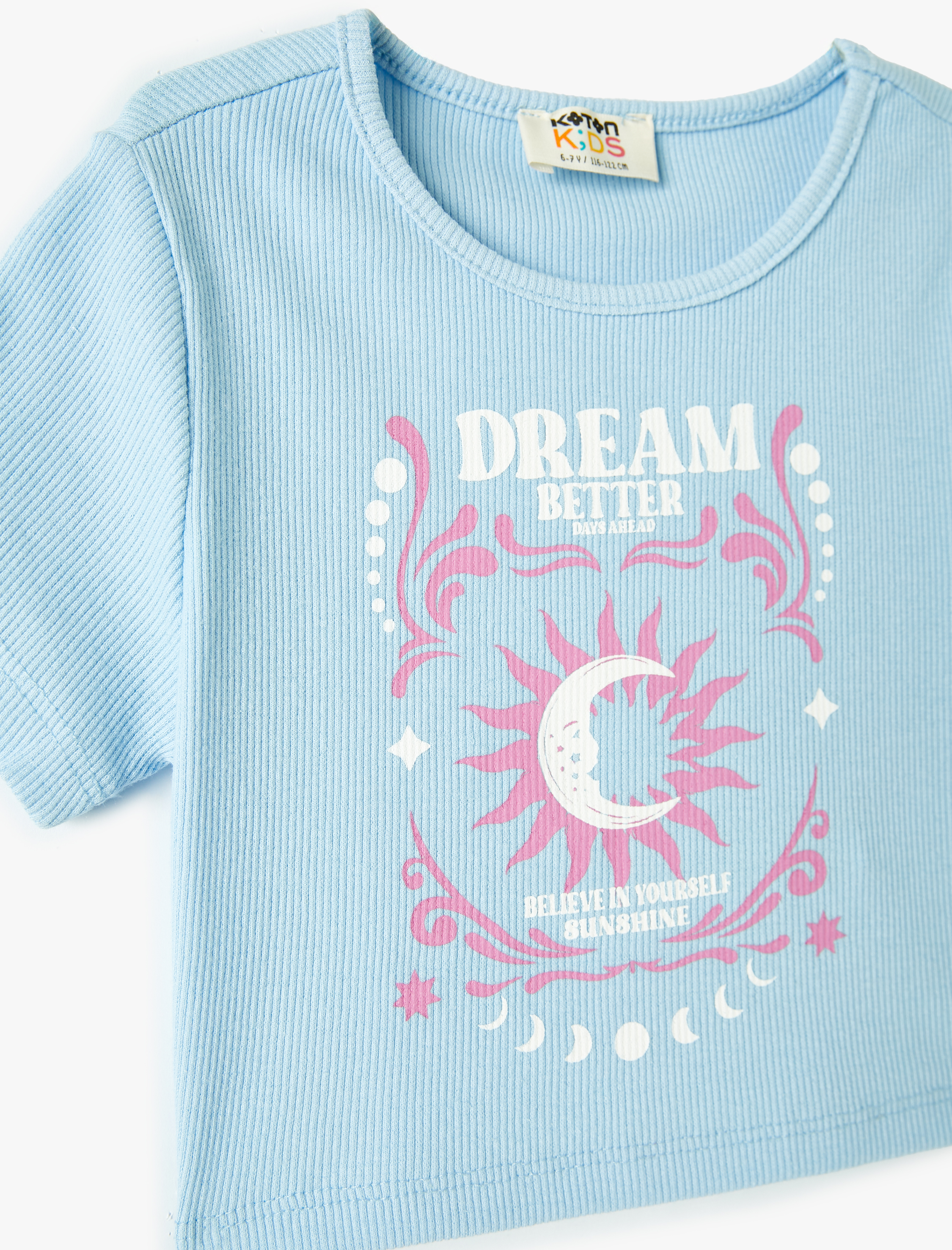  Kız Çocuk Crop Tişört Baskılı Ribanalı Kısa Kollu Bisiklet Yaka